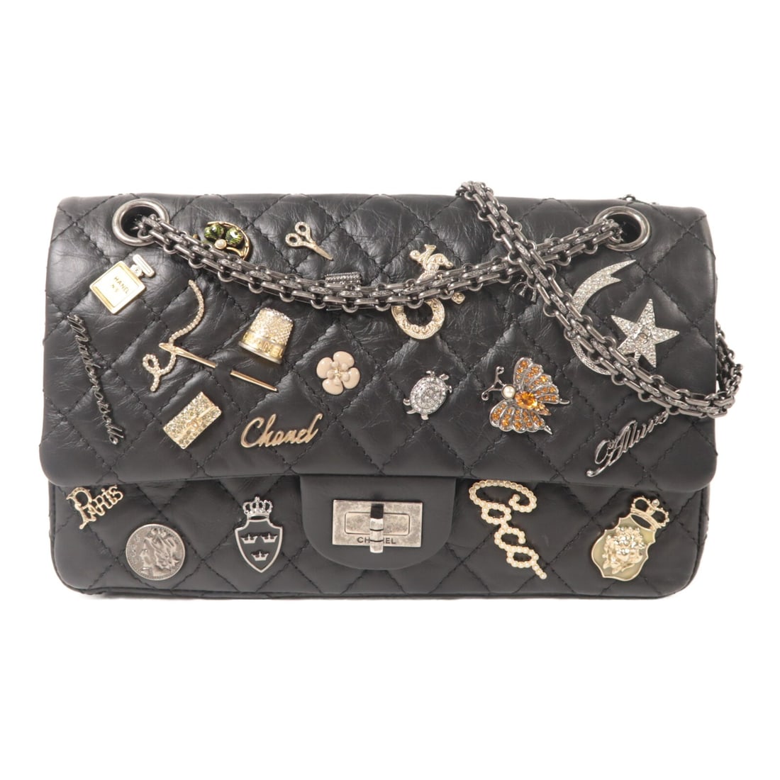 CHANEL Lucky Charm CC 2.55 Reissue Black Calfskin Shoulder Bag: CHANEL Lucky Charm CC 2.55 Reissue Black Calfskin Shoulder Bag This Chanel 2.55 Reissue Lucky Charm chain shoulder bag is crafted from black calfskin leather. The bag features a classic chain shoulder