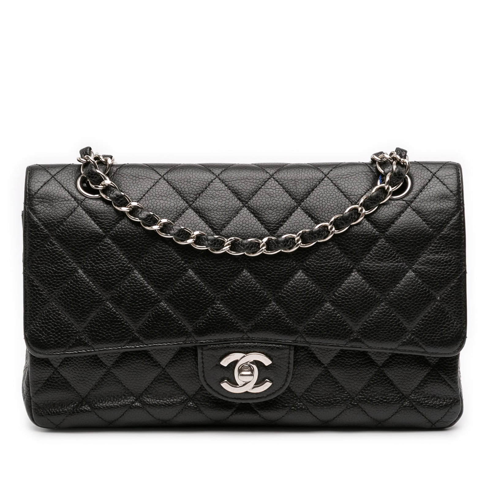 Black Quilted Leather Shoulder Bag Chanel Medium Classic Double Flap: Black Quilted Leather Shoulder Bag Chanel Medium Classic Double Flap This Chanel Medium Classic Double Flap shoulder bag is crafted from quilted caviar leather in black and features leather-woven chai