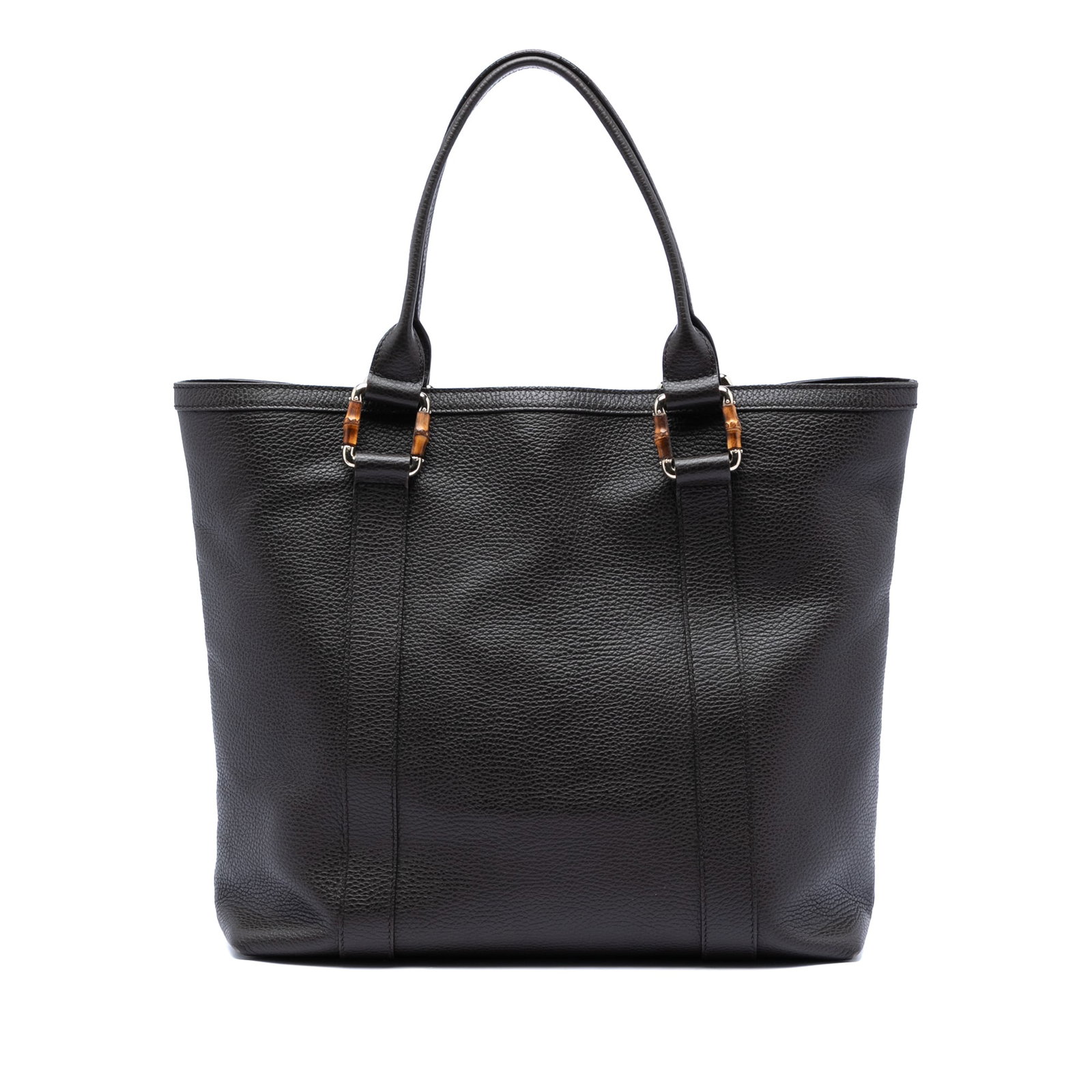 Gucci Bamboo Shopper Tote in Grained Calfskin Leather Brown: Gucci Bamboo Shopper Tote in Grained Calfskin Leather Brown This Gucci Grained Calfskin Bamboo Shopper Tote features a brown leather body with a distinctive bamboo handle, a flat leather shoulder stra