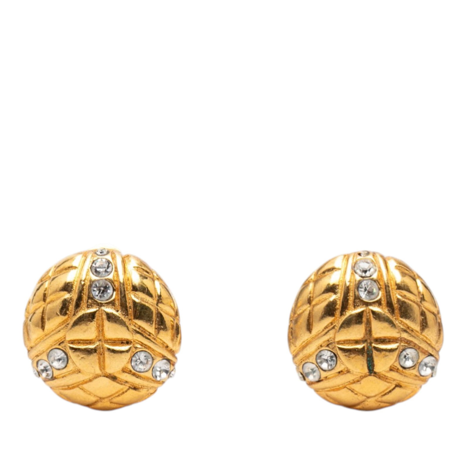 Chanel Quilted Gold Tone Clip On Earrings With Rhinestones: Chanel Quilted Gold Tone Clip On Earrings With Rhinestones These Chanel clip-on earrings feature a round, quilted design crafted from gold tone metal and adorned with sparkling rhinestones. Made in Fr