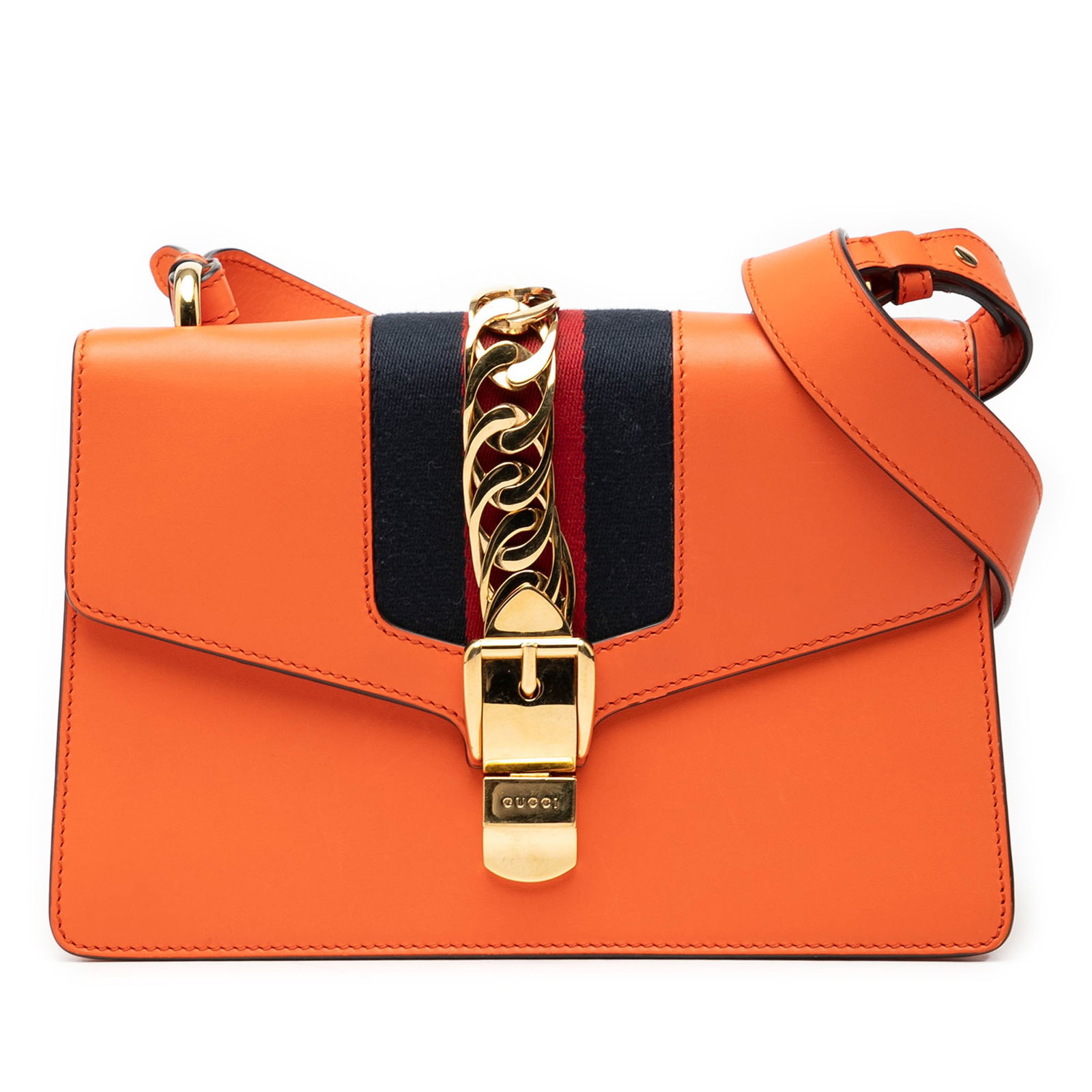 Gucci Sylvie Small Orange Leather Satchel With Web Detail And Straps: Gucci Sylvie Small Orange Leather Satchel With Web Detail And Straps This Gucci Small Leather Sylvie Web Satchel features an orange leather body with signature web detail, a flat leather top handle, a