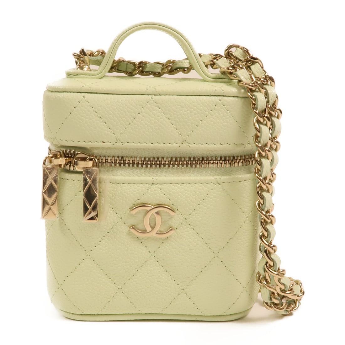 Chanel Mini Vanity Calfskin Shoulder Bag with Gold Hardware in Green: Chanel Mini Vanity Calfskin Shoulder Bag with Gold Hardware in Green This CHANEL mini vanity case is crafted from green calfskin leather and features gold-tone hardware. Designed as a 2-way shoulder b