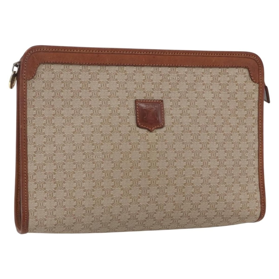 Celine Macadam Pochette Beige Canvas and Leather Clutch Bag: Celine Macadam Pochette Beige Canvas and Leather Clutch Bag This Celine Macadam Pochette features a beige canvas exterior with leather accents, designed for women. The bag shows surface rubbing, sligh