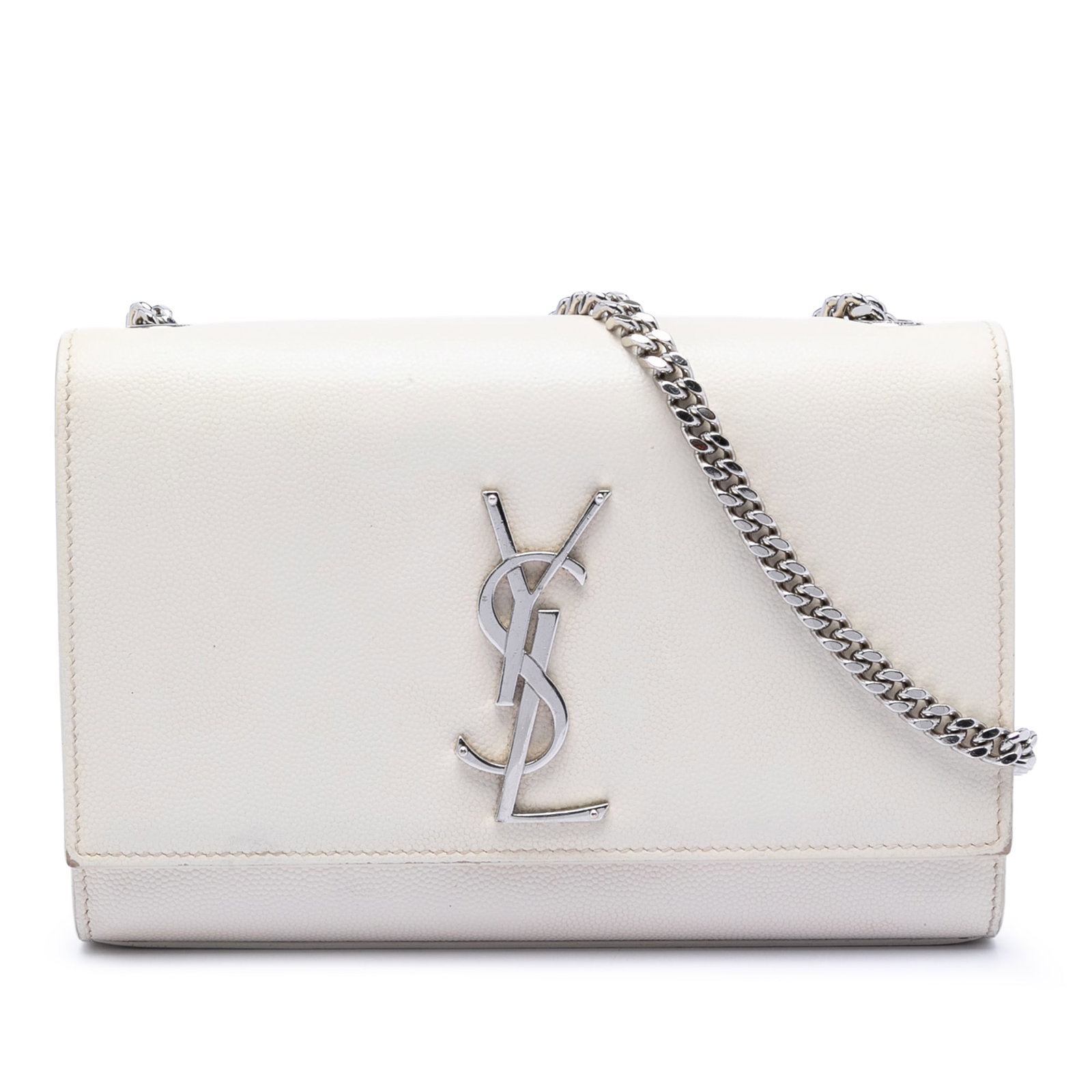 Saint Laurent Kate Small White Leather Crossbody with Chain Strap: Saint Laurent Kate Small White Leather Crossbody with Chain Strap This Saint Laurent Small Grain De Poudre Monogram Kate Crossbody bag is crafted from white leather and features a front flap with a ma