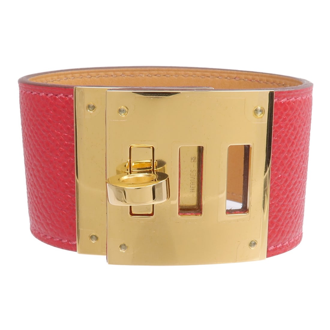 Hermes Kelly Dog Epsom Leather Red Bracelet GHW: Hermes Kelly Dog Epsom Leather Red Bracelet GHW This Hermes Kelly Dog bracelet is crafted from Epsom calfskin leather in a striking Rouge Casaque red. Designed for women, it features the iconic Kelly 