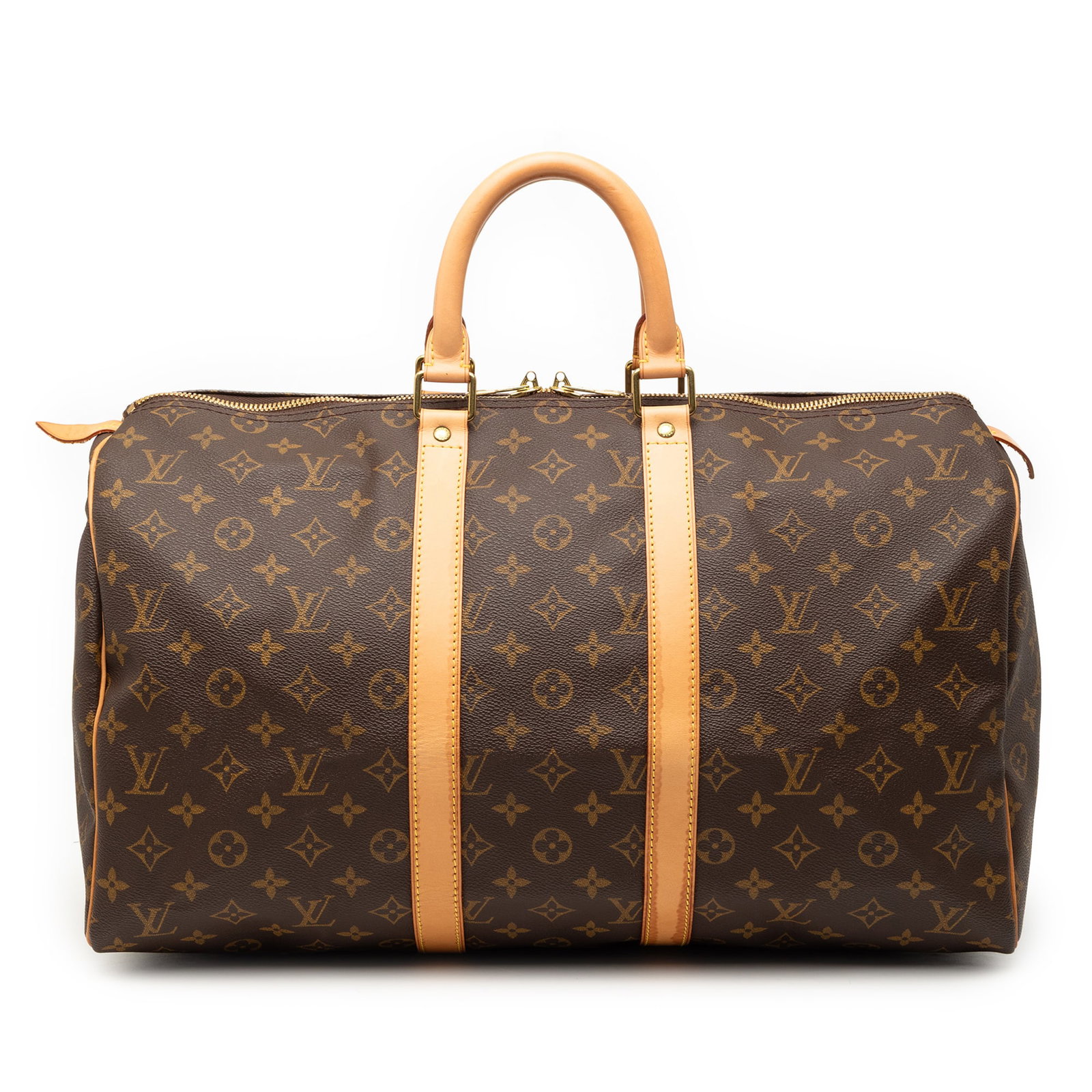 Louis Vuitton Keepall 45 Monogram Canvas Travel Bag with Leather Trim: Louis Vuitton Keepall 45 Monogram Canvas Travel Bag with Leather Trim The Louis Vuitton Monogram Keepall 45 is crafted from signature monogram canvas with vachetta leather trim and rolled vachetta lea