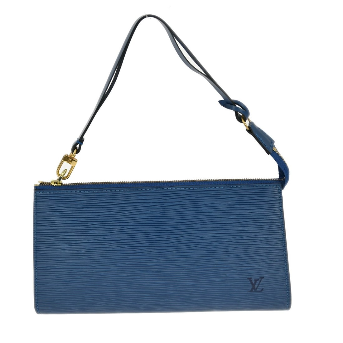 Louis Vuitton Blue Epi Leather Pochette Accessoires 24 Bag M52945: Louis Vuitton Blue Epi Leather Pochette Accessoires 24 Bag M52945 This vintage Louis Vuitton Pochette Accessoires handbag features blue Epi leather with a logo accent. It is a medium-sized bag with a 