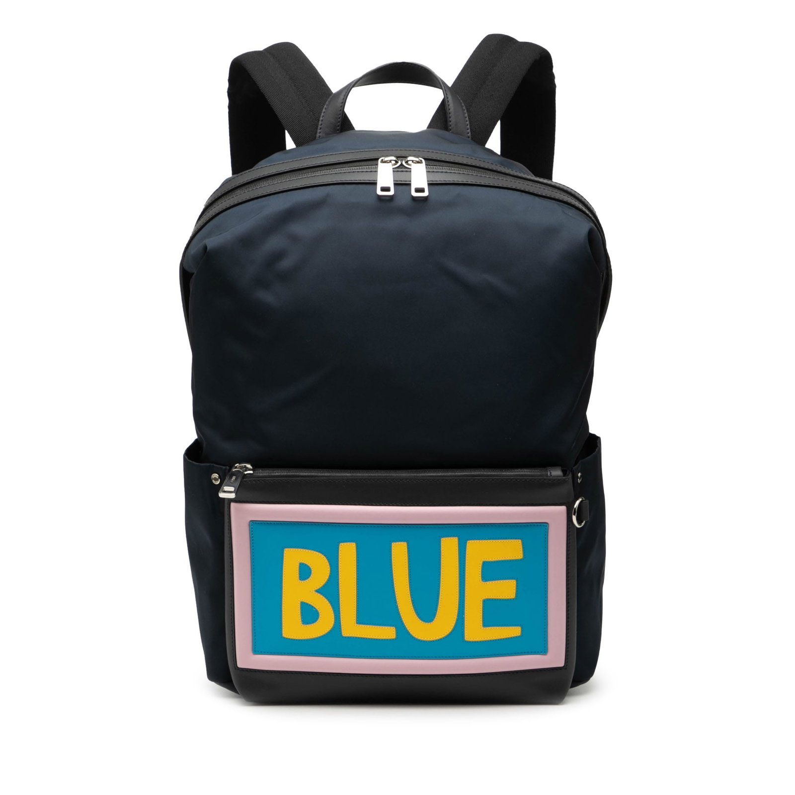 Fendi Vocabulary Series Blue Nylon Backpack with Leather Trim: Fendi Vocabulary Series Blue Nylon Backpack with Leather Trim This Fendi Vocabulary Backpack features a nylon body with leather trim, a flat leather top handle, adjustable flat back straps, a top zip 