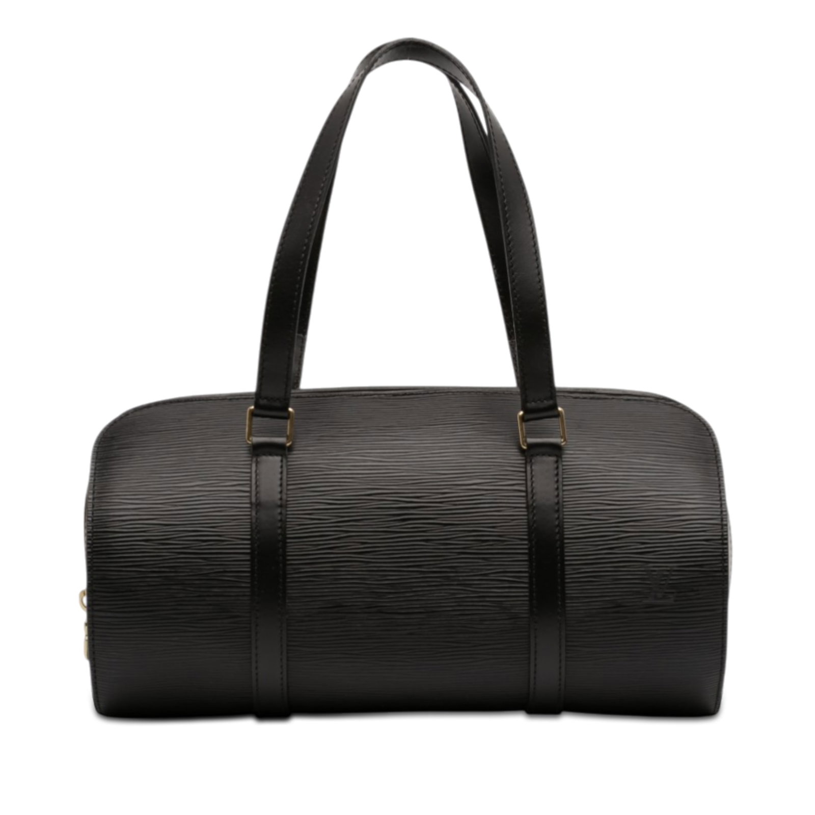 Louis Vuitton Black Epi Leather Soufflot Shoulder Bag with Zip Closure: Louis Vuitton Black Epi Leather Soufflot Shoulder Bag with Zip Closure This Louis Vuitton Epi Soufflot bag features a black epi leather body, flat shoulder straps, a top zip closure, and an interior s