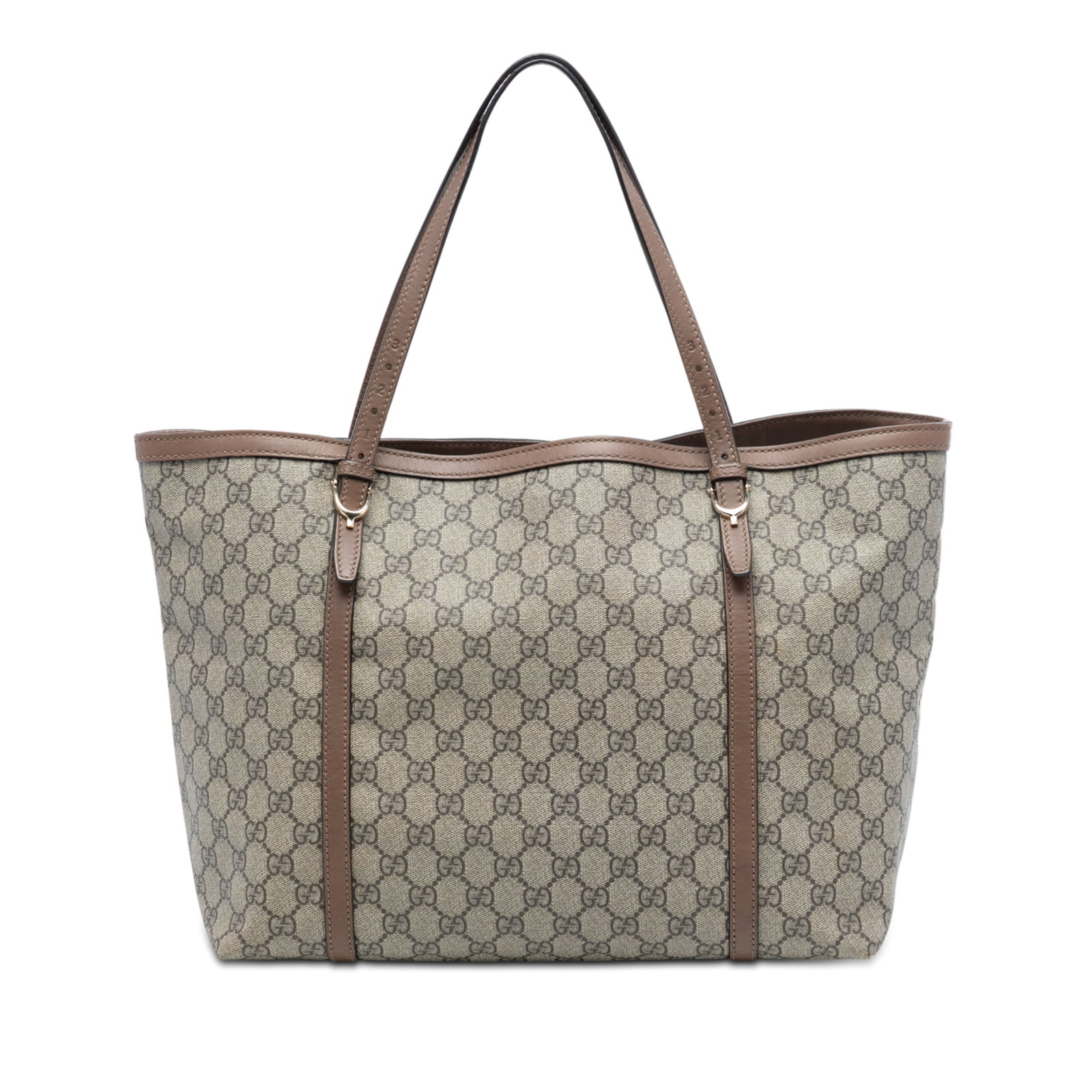 Brown GG Supreme Canvas Nice Tote Bag with Leather Trim by Gucci: Brown GG Supreme Canvas Nice Tote Bag with Leather Trim by Gucci This Gucci GG Supreme Nice Tote features a coated canvas body with leather trim, flat leather straps, an open top, and interior zip and