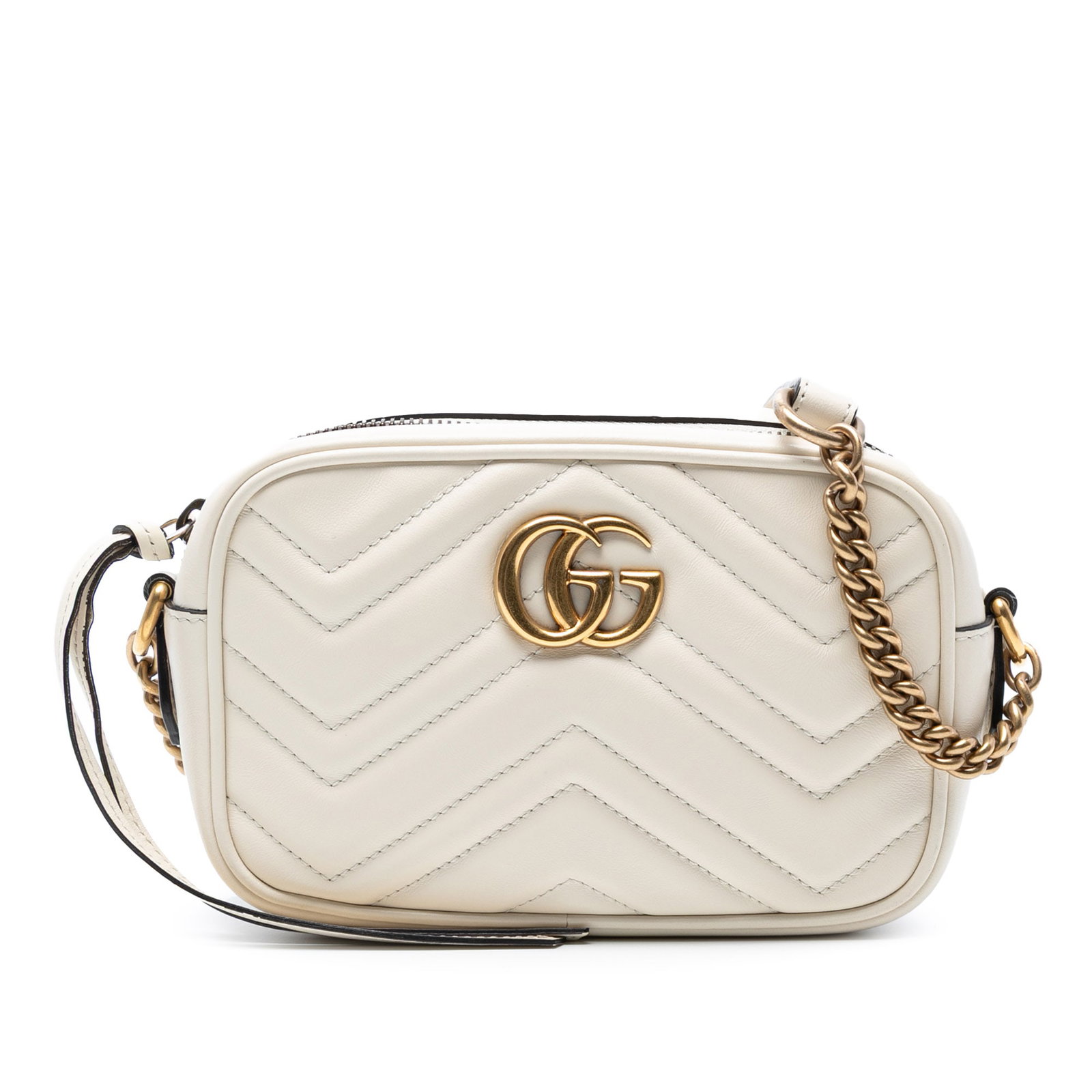 Gucci Mini GG Marmont White Leather Crossbody Bag: Gucci Mini GG Marmont White Leather Crossbody Bag The Gucci Mini GG Marmont Matelasse Leather Crossbody is a stylish accessory crafted from quilted leather. This elegant bag features a gold-tone curb 