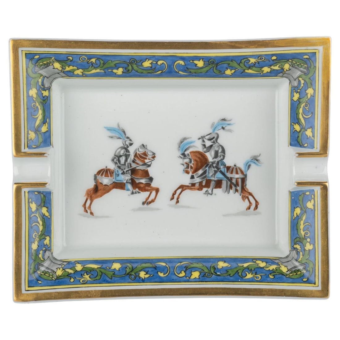 Hermes Paris Knights Ashtray 100% Porcelain Blue Gold 21st Century: Hermes Paris Knights Ashtray 100% Porcelain Blue Gold 21st Century This exquisite Hermes Blue Gold Paris Knights Ashtray is a stunning accessory for any sophisticated setting. Crafted from 100% porcel