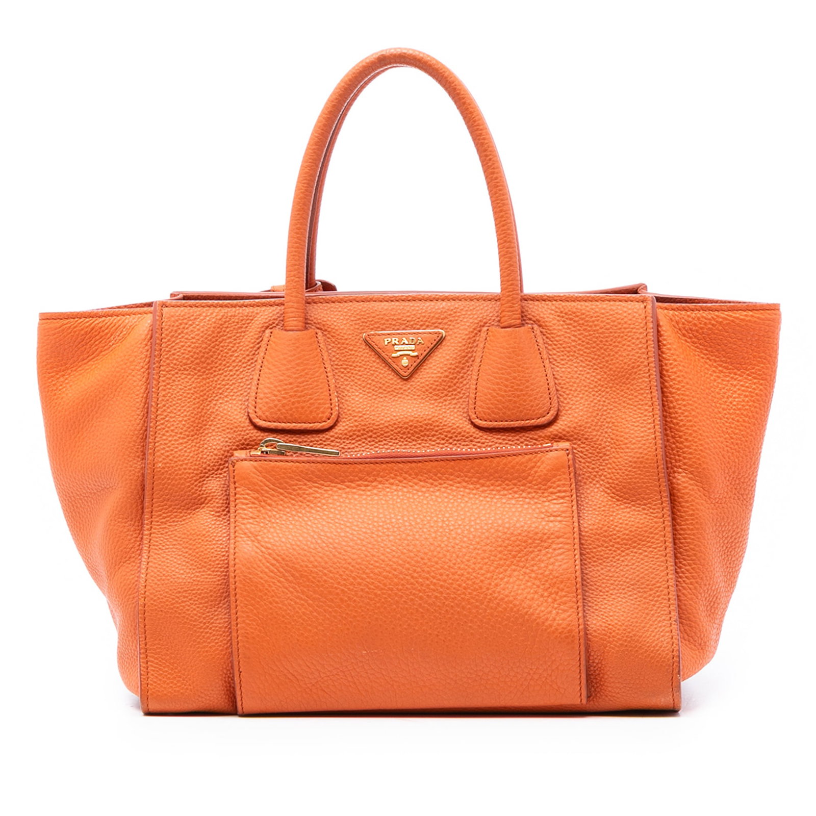 Orange Leather Vitello Phenix Satchel by Prada with Exterior Zip Pocket: Orange Leather Vitello Phenix Satchel by Prada with Exterior Zip Pocket This Prada Vitello Phenix Shopping Tote features an orange leather body with rolled handles, an open top secured by a magnetic b