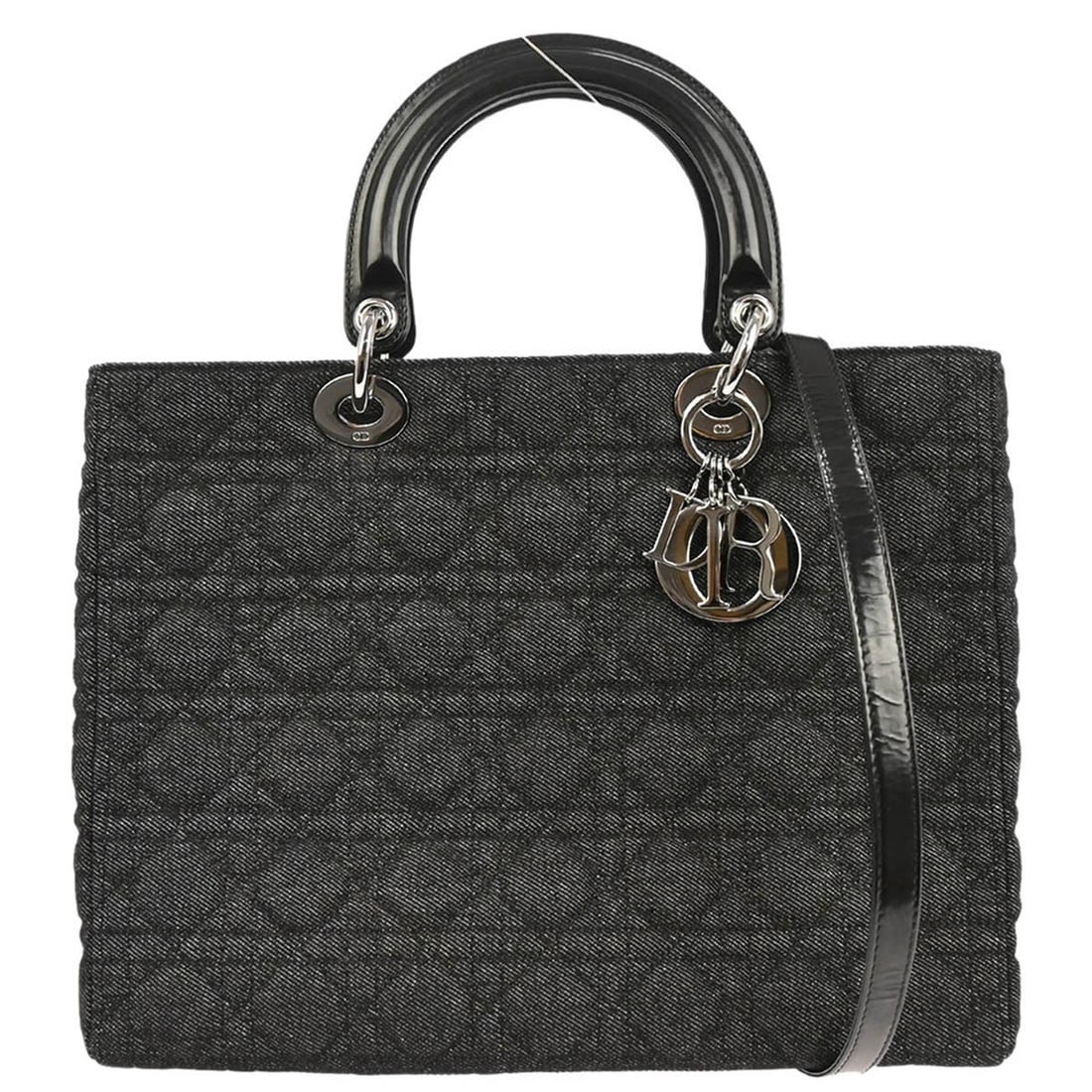 Lady Dior Large Black Denim Cannage Quilted Top Handle Bag: Lady Dior Large Black Denim Cannage Quilted Top Handle Bag This Christian Dior Lady Dior top handle handbag features black denim with the signature Dior Cannage quilted pattern. The bag includes doubl