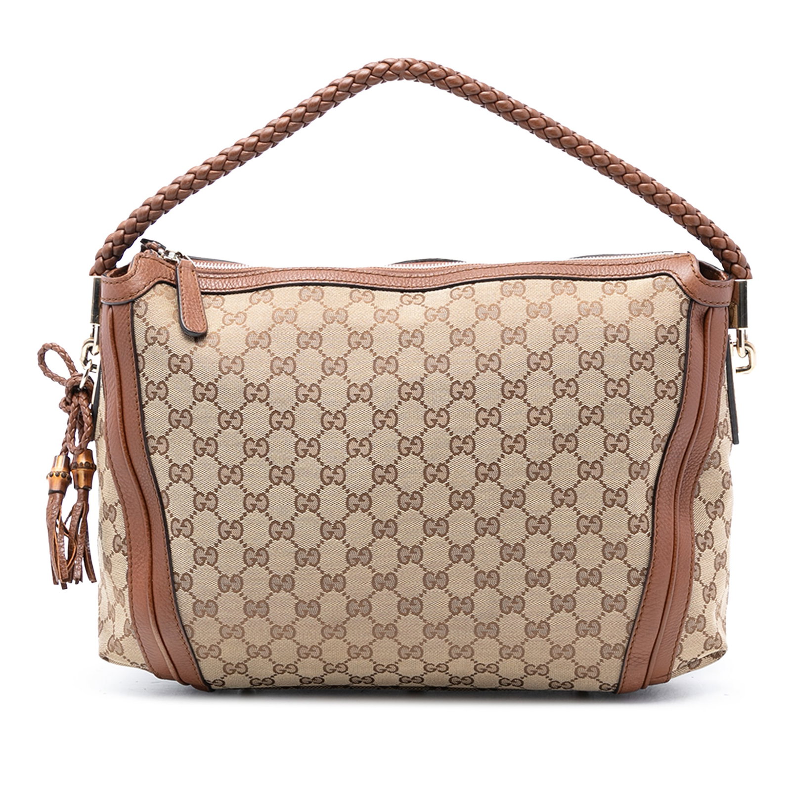 Gucci Bella Medium Shoulder Bag in GG Canvas with Leather Trim: Gucci Bella Medium Shoulder Bag in GG Canvas with Leather Trim This Gucci Medium GG Canvas Bella Shoulder Bag features a canvas body with leather trim, a braided leather strap, a top zip closure, and 