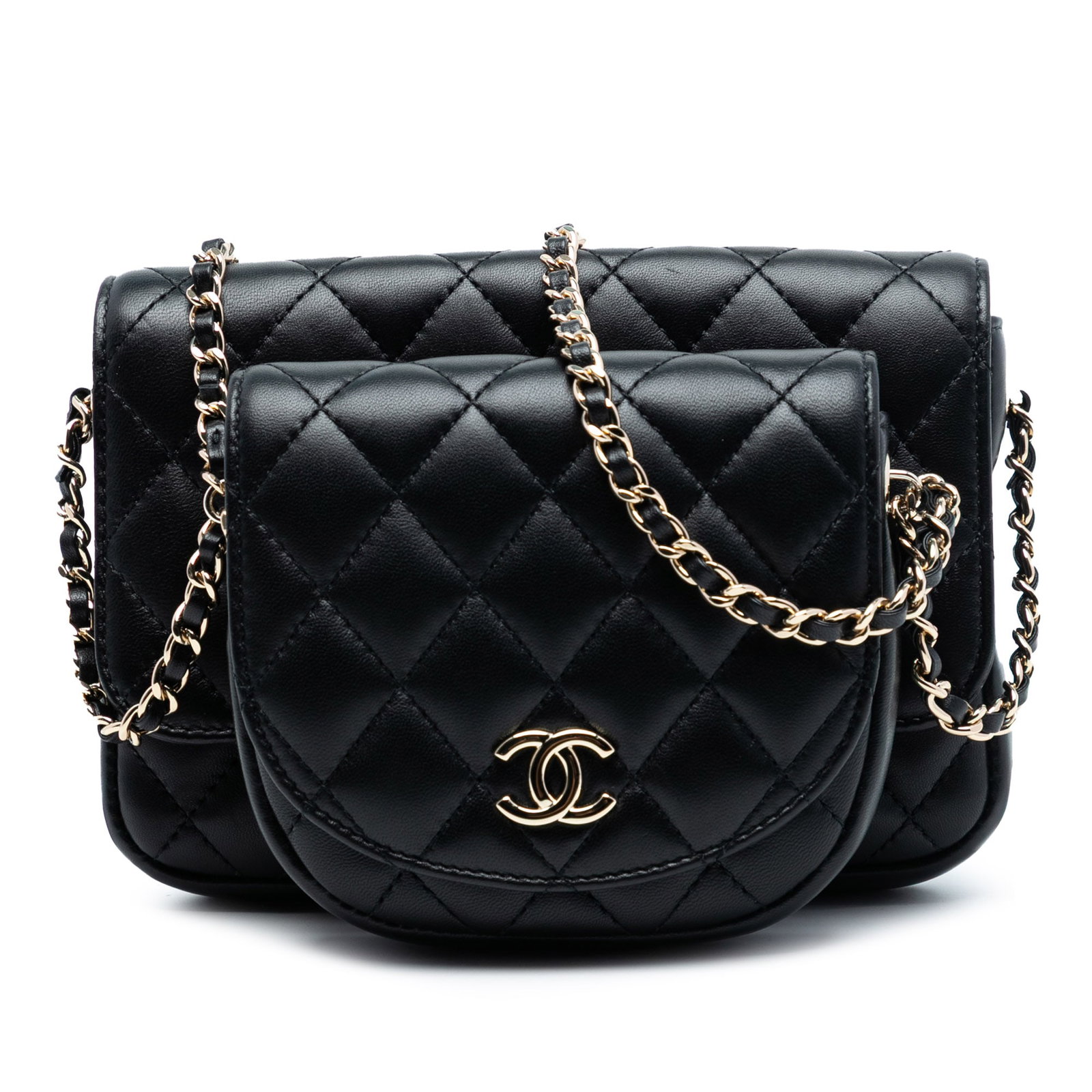 Chanel Side Packs Black Quilted Lambskin Crossbody Flap Bag: Chanel Side Packs Black Quilted Lambskin Crossbody Flap Bag This Chanel CC Quilted Lambskin Side Packs Flap crossbody bag features a black quilted lambskin leather body with a front flap adorned with 