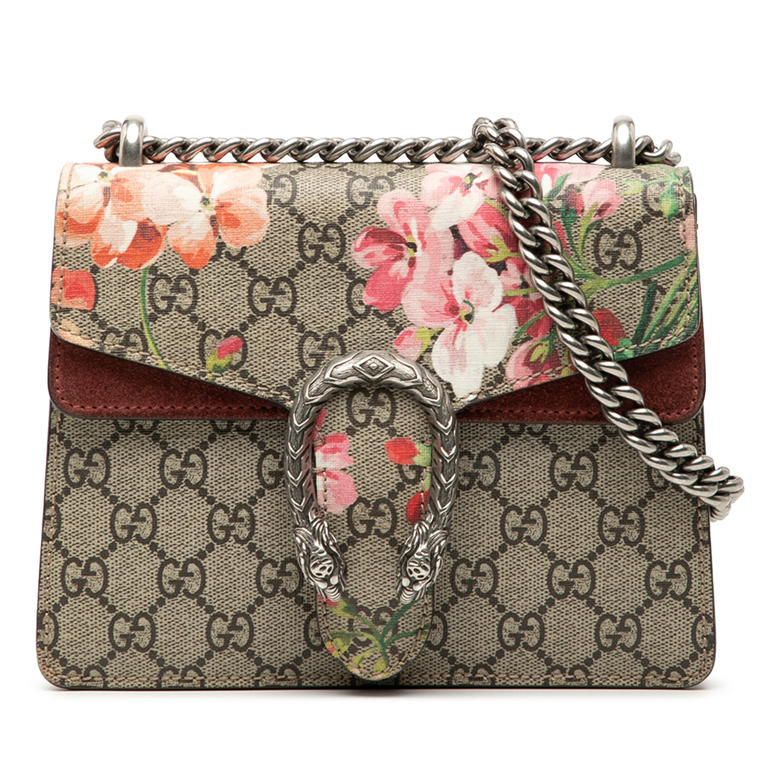 Gucci Dionysus Small GG Supreme Blooms Crossbody with Silver Chain: Gucci Dionysus Small GG Supreme Blooms Crossbody with Silver Chain This Gucci Small GG Supreme Blooms Dionysus crossbody bag showcases a coated canvas body with a vibrant multicolor Blooms print and s
