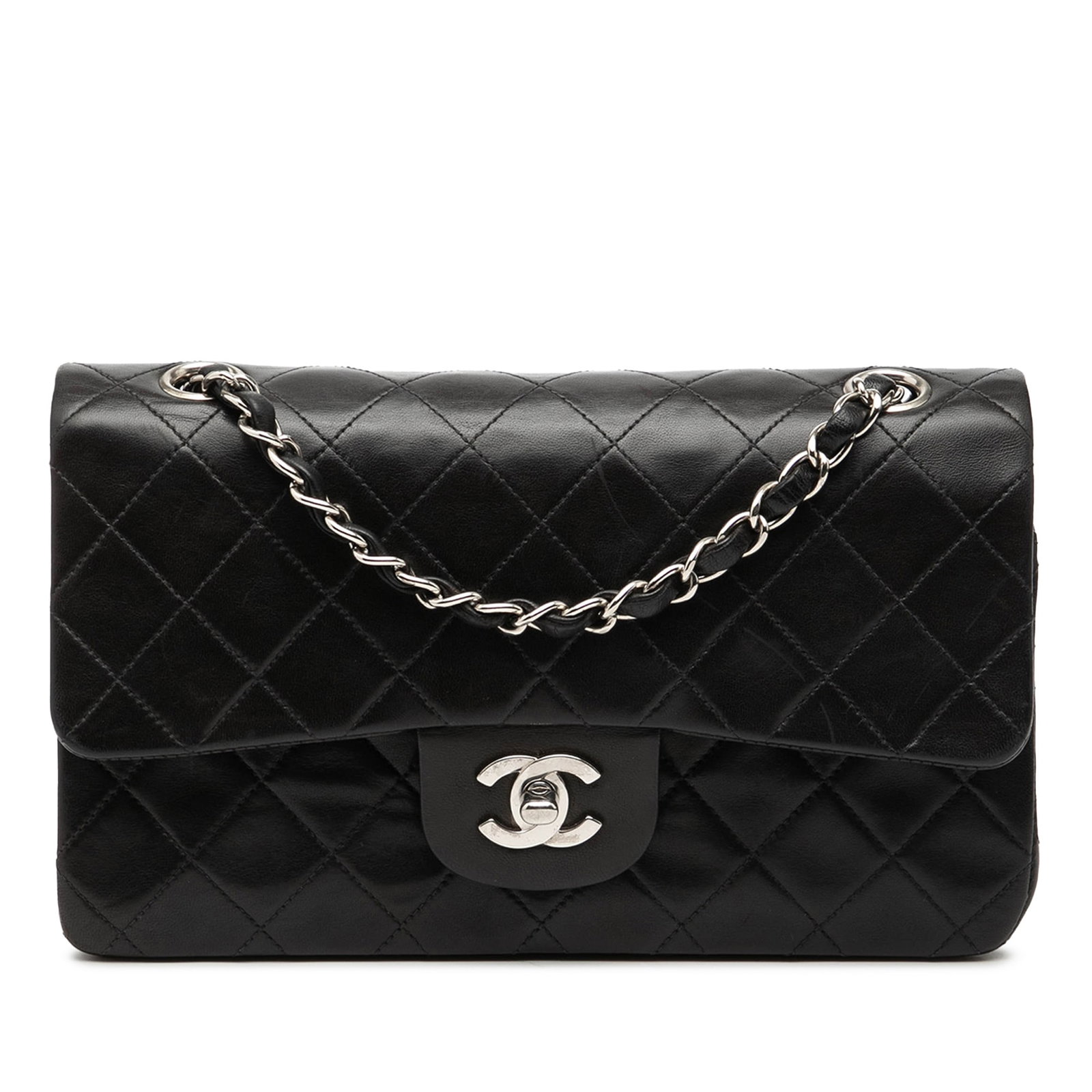Chanel Black Lambskin Quilted Small Double Flap Shoulder Bag: Chanel Black Lambskin Quilted Small Double Flap Shoulder Bag This Chanel Small Classic Double Flap shoulder bag features a quilted black lambskin leather body with leather-woven chain-link straps. It 