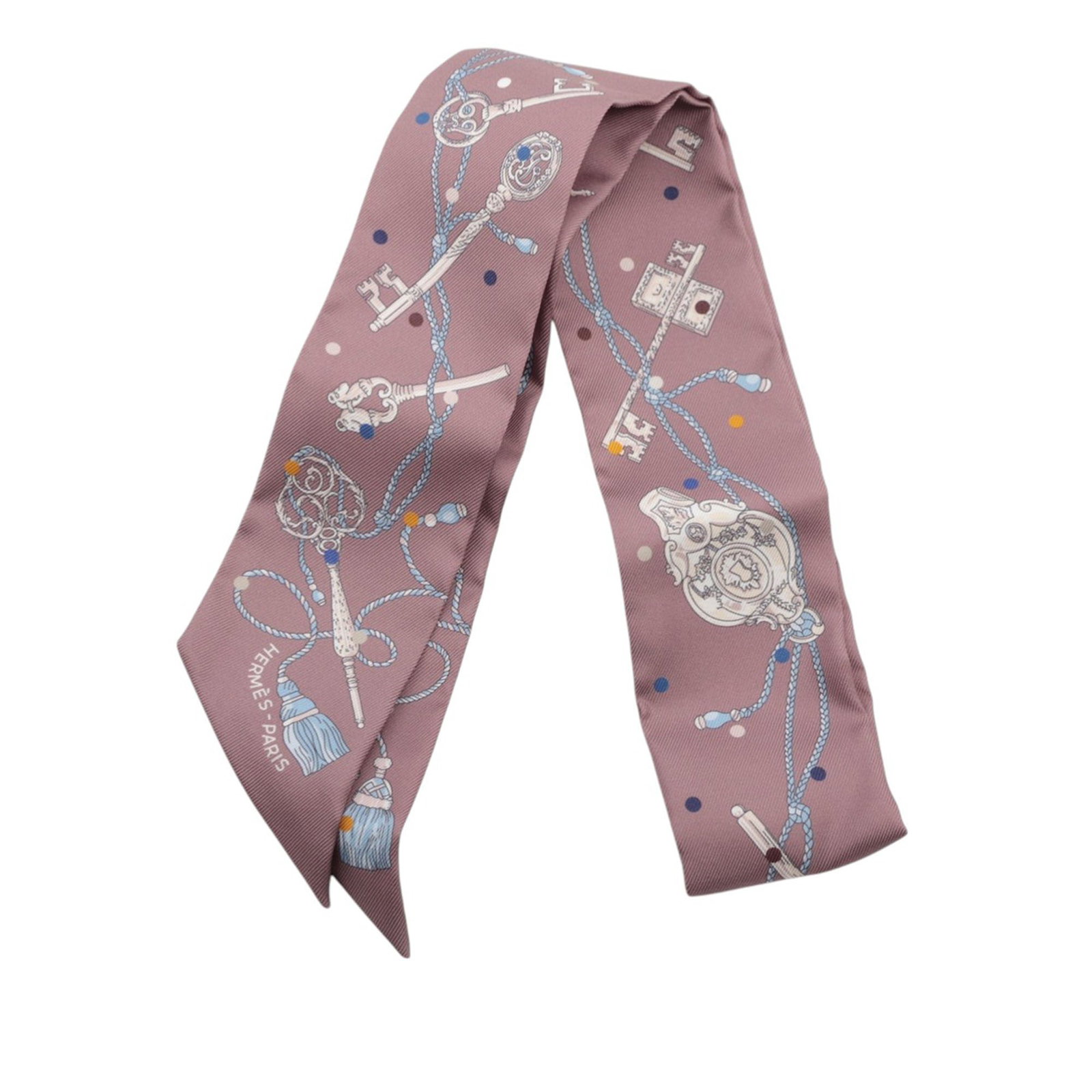 Purple Les Cles a Pois Silk Twilly by Hermes France: Purple Les Cles a Pois Silk Twilly by Hermes France This Hermes twilly scarf showcases the Les Cles a Pois print on 100% silk in a purple color. A stylish accessory crafted in France, it features a sl
