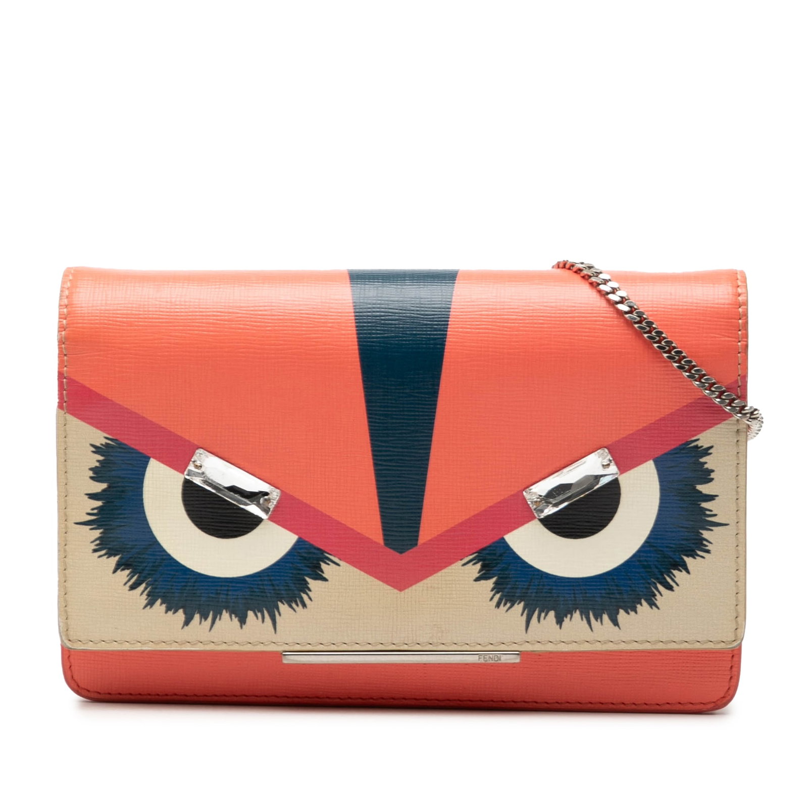 Fendi Crystal Eye Monster Leather Chain Crossbody Continental Wallet: Fendi Crystal Eye Monster Leather Chain Crossbody Continental Wallet This Fendi Vitello Elite Crystal Eye Monster Continental Wallet on Chain features a striking orange leather body with the signature