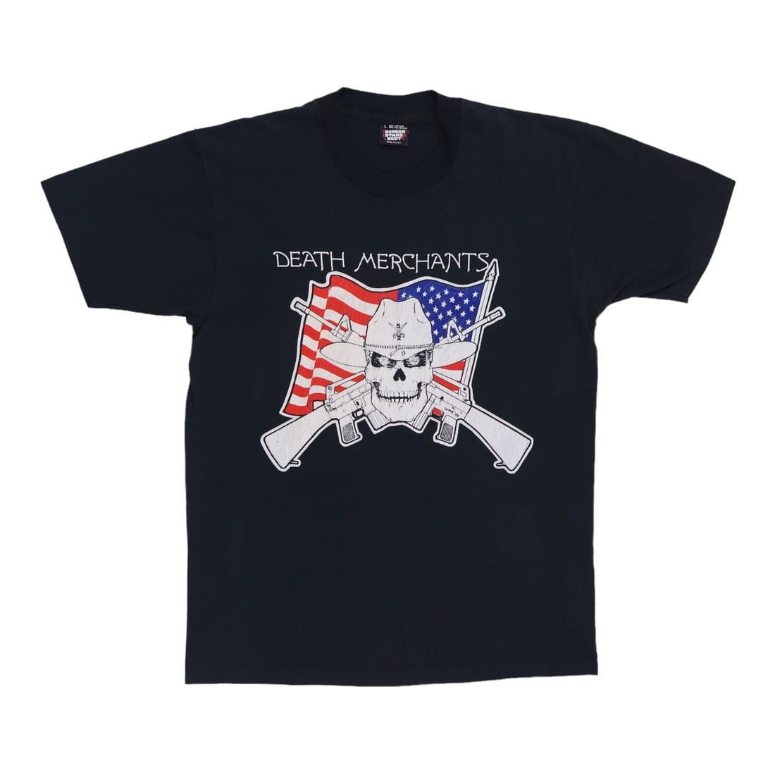 Vintage Death Merchants Black Shirt 1990s Cotton Poly Blend Size Large: Vintage Death Merchants Black Shirt 1990s Cotton Poly Blend Size Large This is an original vintage Death Merchants shirt from the 1990s. The shirt features no back graphics and is made from a 50/50 co