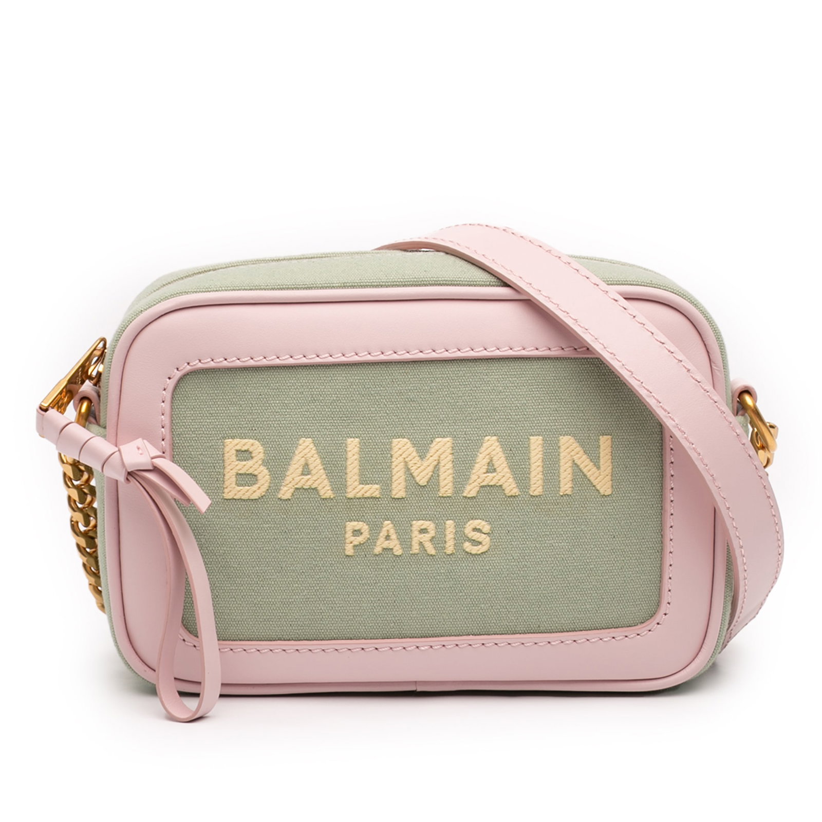 Balmain B Army 18 Crossbody Green Embroidered Canvas Camera Bag: Balmain B Army 18 Crossbody Green Embroidered Canvas Camera Bag This Balmain Embroidered Canvas B Army Camera Bag 18 is crafted with a green canvas body accented by leather trim. It features a flat le