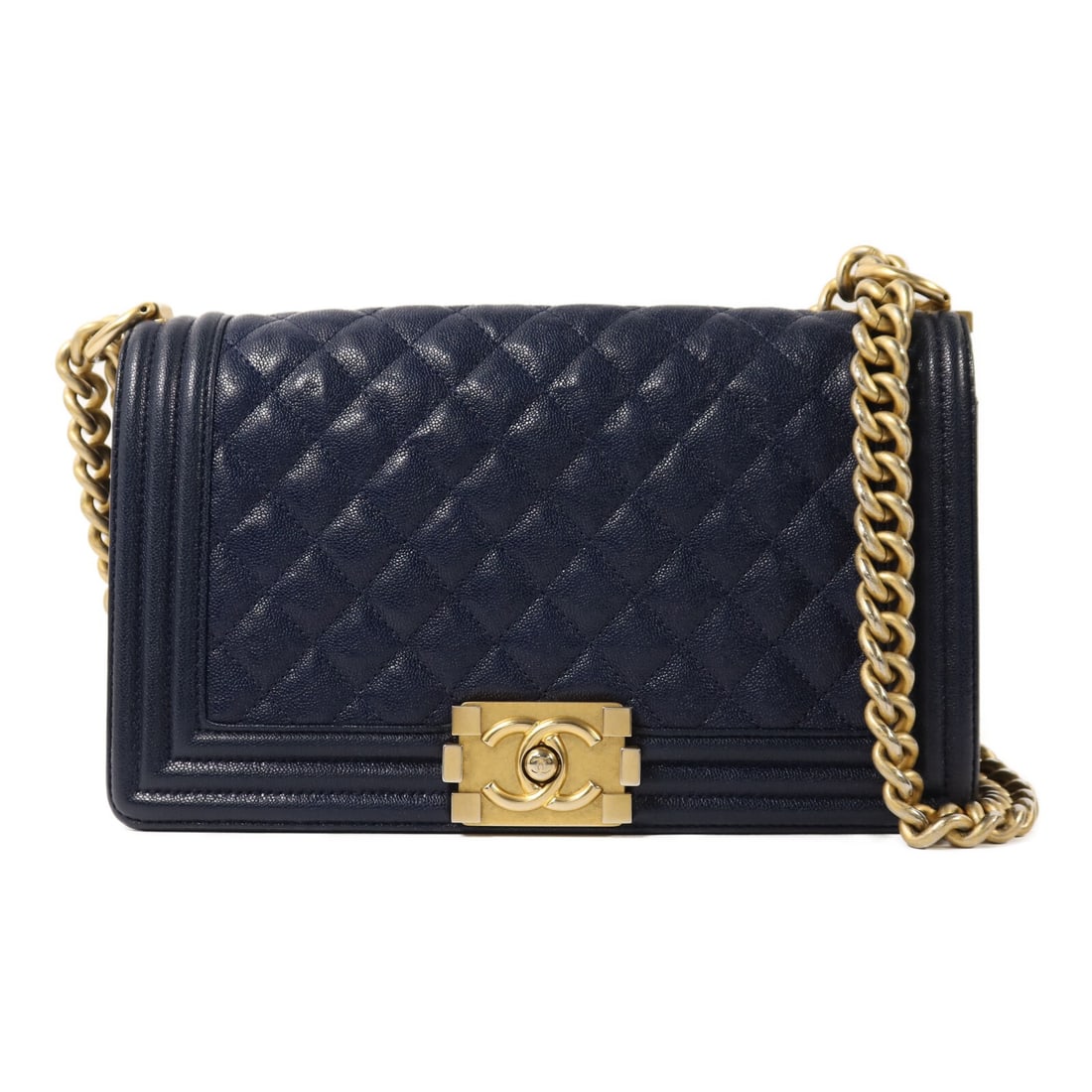 Chanel Boy 25 Navy Calfskin Shoulder Bag with Gold Hardware: Chanel Boy 25 Navy Calfskin Shoulder Bag with Gold Hardware This CHANEL Boy 25 shoulder bag features navy calfskin leather with gold-tone hardware and a classic chain strap. Designed for women, it off