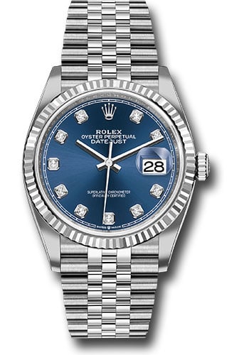Datejust 36 Blue Diamond Dial Jubilee Bracelet Ref 126234 2020 New Style Card: Datejust 36 Blue Diamond Dial Jubilee Bracelet Ref 126234 2020 New Style Card This Rolex Datejust 36 features a striking blue diamond dial, complemented by a fluted bezel and a Jubilee bracelet. The w
