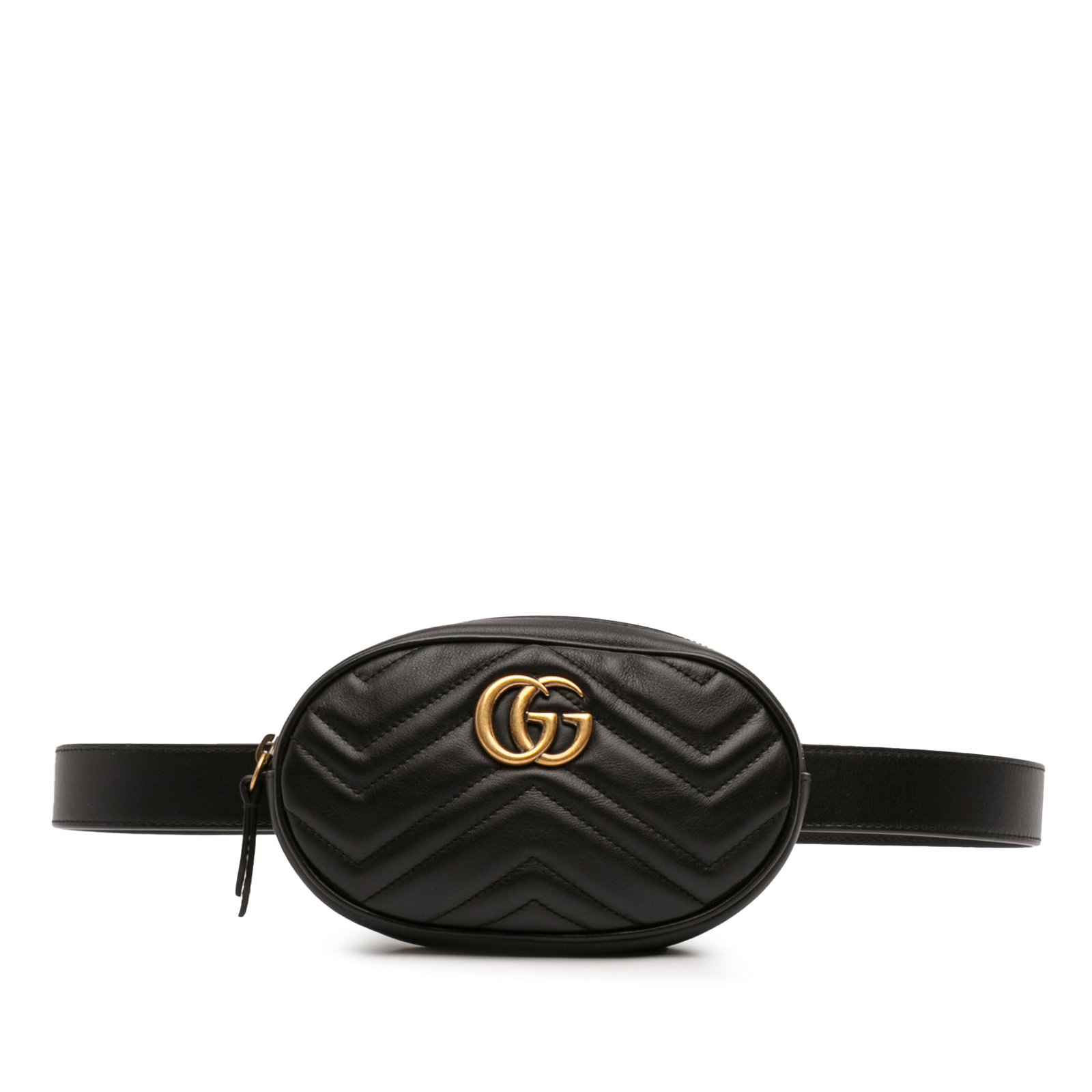 Black Leather GG Marmont Quilted Belt Bag by Gucci: Black Leather GG Marmont Quilted Belt Bag by Gucci This Gucci GG Marmont Matelasse leather belt bag features a quilted leather exterior in black, an adjustable flat leather waist strap, a top zip clos