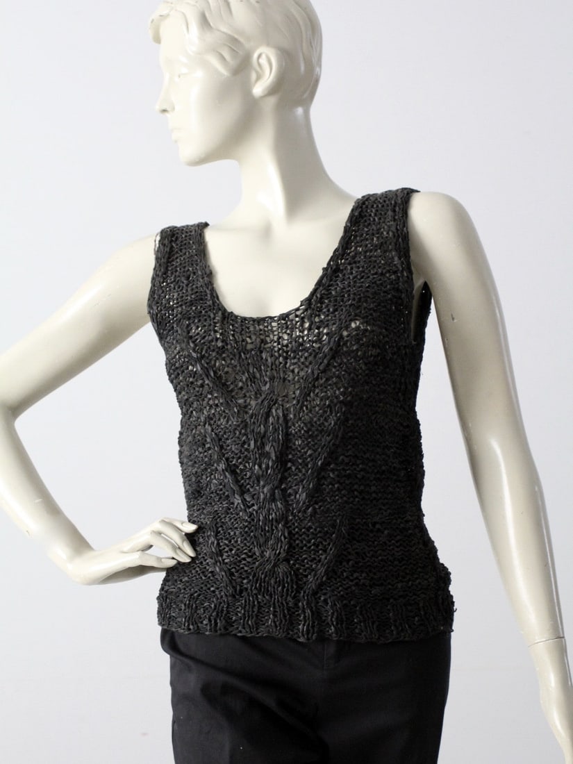 Bonjour Vintage 80s Black Woven Leather Tank Top: Bonjour Vintage 80s Black Woven Leather Tank Top Discover a unique piece of fashion history with this Vintage 80s Woven Leather Tank Top by Bonjour. Crafted from beautifully aged black leather, this t