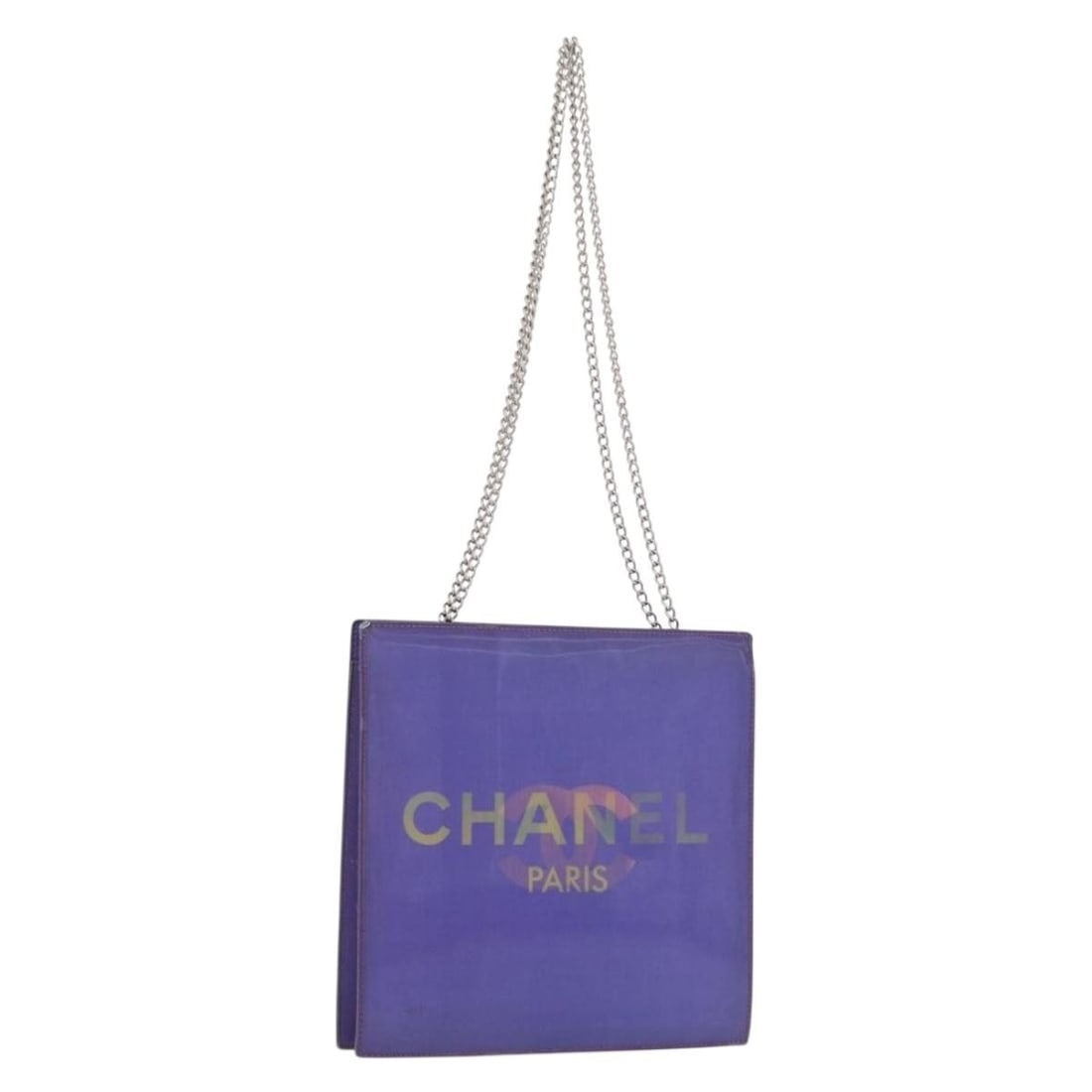 Chanel Purple Vinyl Shoulder Bag with Silver CC Logo and Chain Strap: Chanel Purple Vinyl Shoulder Bag with Silver CC Logo and Chain Strap This CHANEL shoulder bag features a distinctive hologram COCO Mark design in purple and silver vinyl. Crafted in France, it is desi