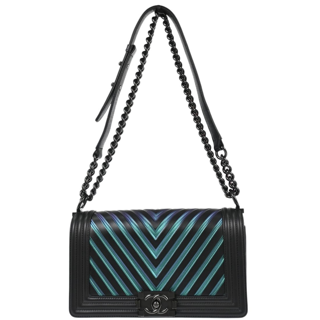Chanel Boy Medium Chevron Quilted Black Lambskin Shoulder Bag with Chain Strap: Chanel Boy Medium Chevron Quilted Black Lambskin Shoulder Bag with Chain Strap This Chanel Boy Medium Shoulder Bag features black lambskin leather in a chevron quilted design with silver-tone hardware