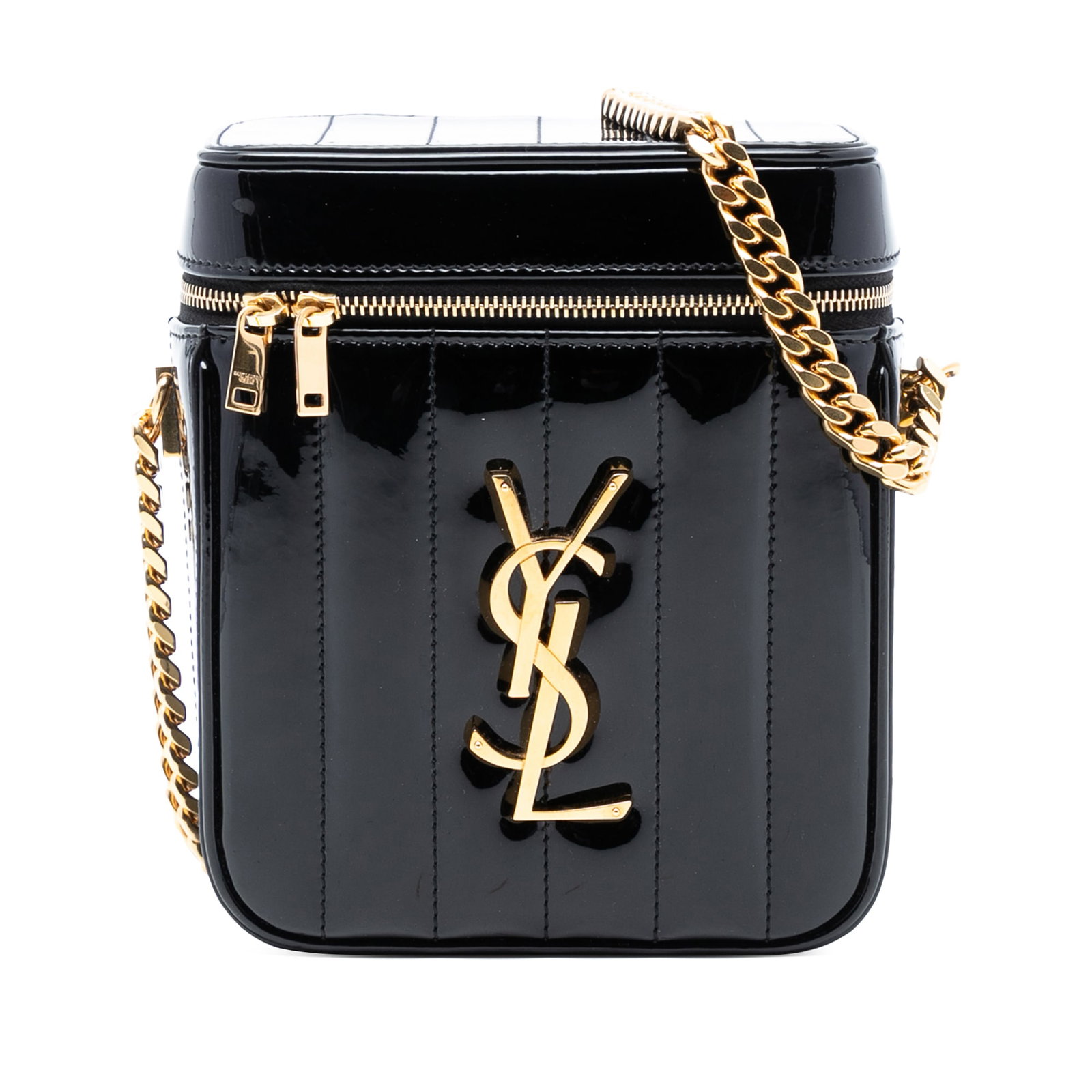 Black Patent Leather Vicky Vanity Bag by Saint Laurent with Chain Strap: Black Patent Leather Vicky Vanity Bag by Saint Laurent with Chain Strap This Saint Laurent Vicky vanity bag features a black quilted patent leather exterior with a chain link strap and leather guard. 