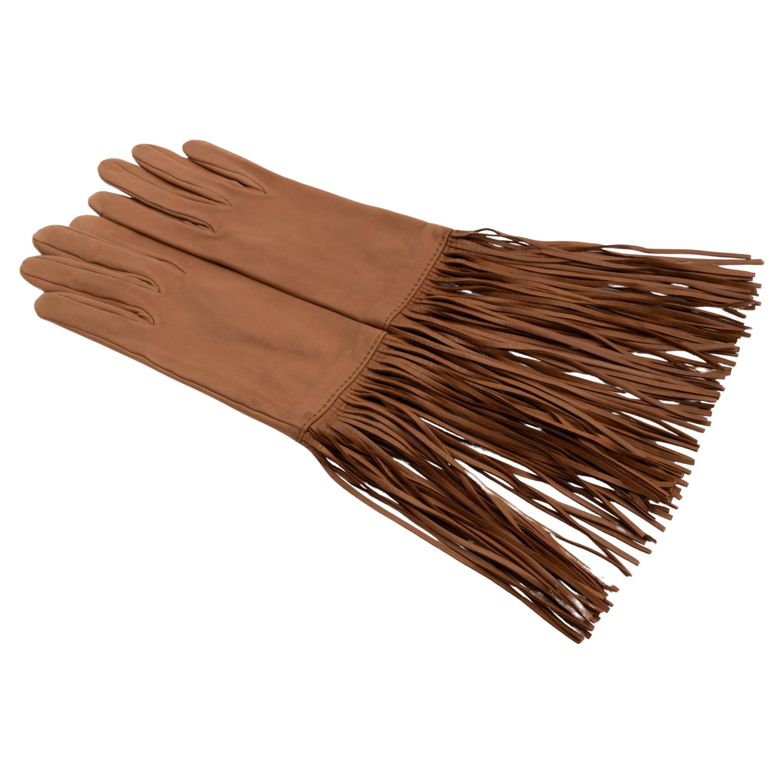 Hermes Caramel Lambskin Leather Gloves with Fringe Decoration: Hermes Caramel Lambskin Leather Gloves with Fringe Decoration Discover the exquisite craftsmanship of these Hermes caramel lambskin leather gloves, featuring a stylish long fringe decoration. Designed