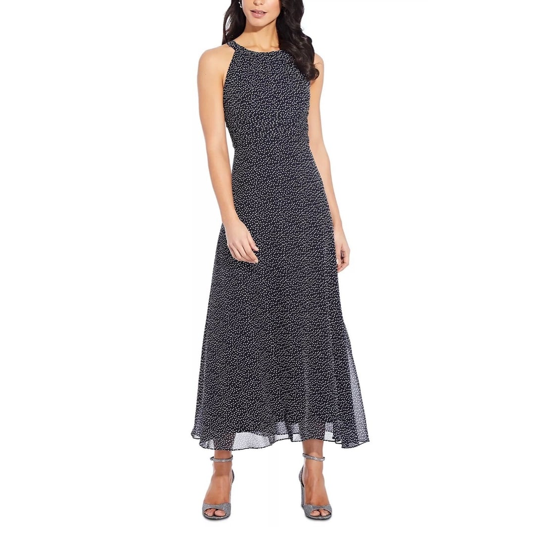 Adrianna Papell Navy Ivory Polka Dot Maxi Dress 16P Halter Chiffon: Adrianna Papell Navy Ivory Polka Dot Maxi Dress 16P Halter Chiffon Elevate your wardrobe with this Adrianna Papell Printed Chiffon Maxi Dress, featuring a charming navy and ivory polka dot pattern. De