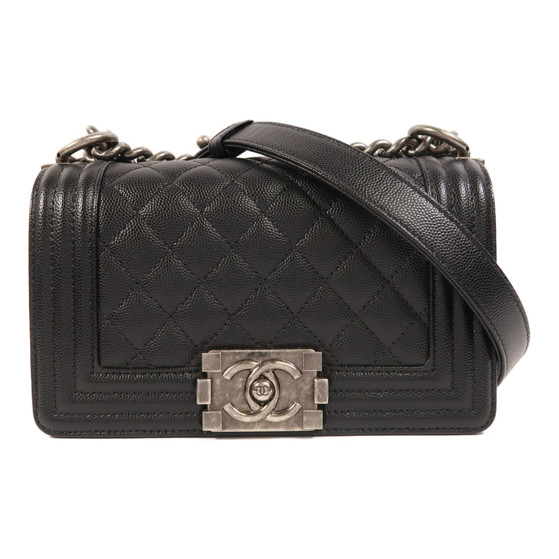 Black Calfskin CHANEL Boy 20 Shoulder Bag with Chain Strap: Black Calfskin CHANEL Boy 20 Shoulder Bag with Chain Strap This CHANEL CC Boy 20 shoulder bag is crafted from black calfskin leather, offering a sleek and modern design. Made in France, it features a 
