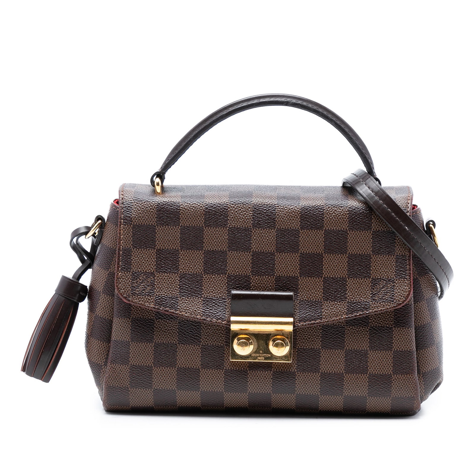 Louis Vuitton Croisette Damier Ebene Canvas Bag with Tassel and Strap: Louis Vuitton Croisette Damier Ebene Canvas Bag with Tassel and Strap The Louis Vuitton Damier Ebene Croisette features a signature Damier canvas body accented with leather trim, a rolled leather hand