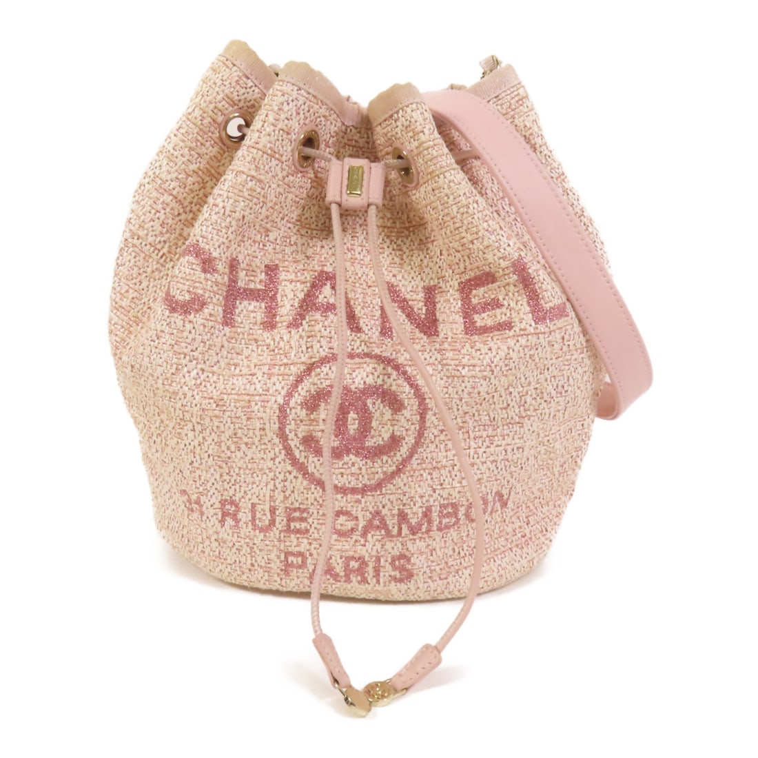 CHANEL Pink Canvas Deauville Drawstring Shoulder Bag GHW: CHANEL Pink Canvas Deauville Drawstring Shoulder Bag GHW This CHANEL Deauville drawstring shoulder bag features a stylish pink canvas exterior, complemented by gold-tone hardware. Designed for women, 