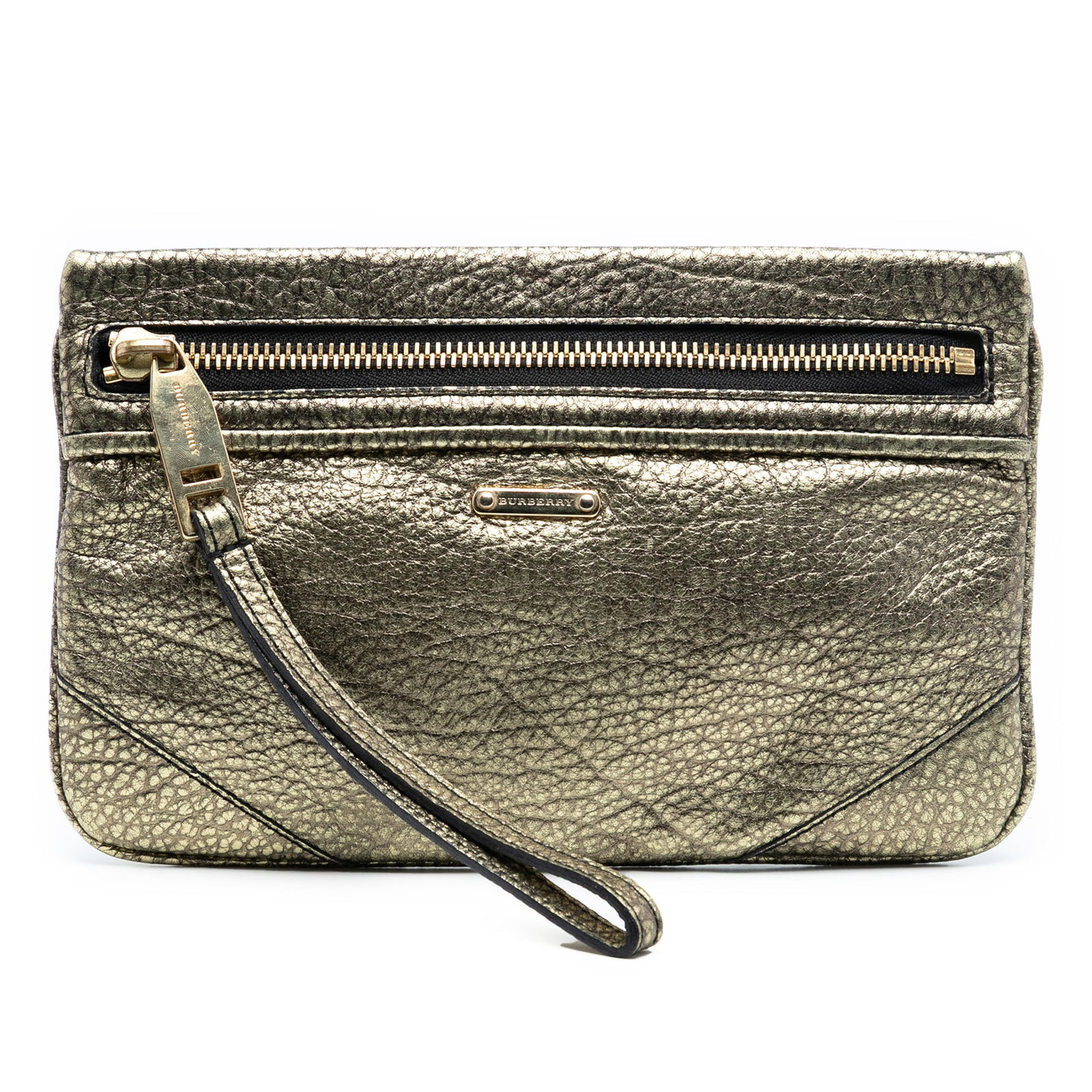 Gold Leather Wristlet Clutch by Burberry with Metallic Finish: Gold Leather Wristlet Clutch by Burberry with Metallic Finish This Burberry clutch features a metallic grained leather body with a gold finish, a flat leather wrist strap, a top zip closure, and an ex