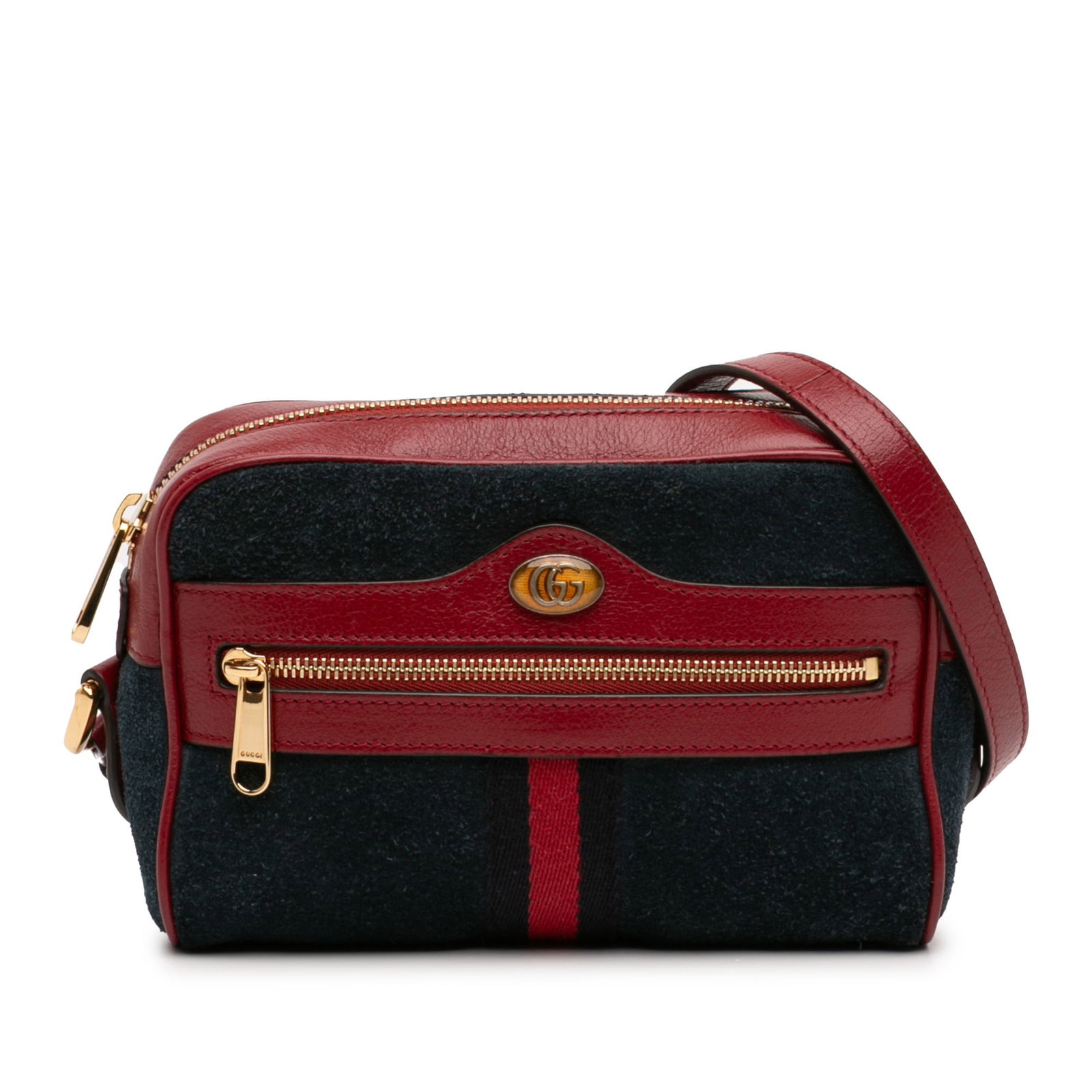 Mini Ophidia Blue Suede Crossbody Bag with Leather Trim by Gucci: Mini Ophidia Blue Suede Crossbody Bag with Leather Trim by Gucci This Gucci Mini Suede Ophidia Crossbody bag features a blue suede body with leather trim and web detail. It includes an adjustable flat