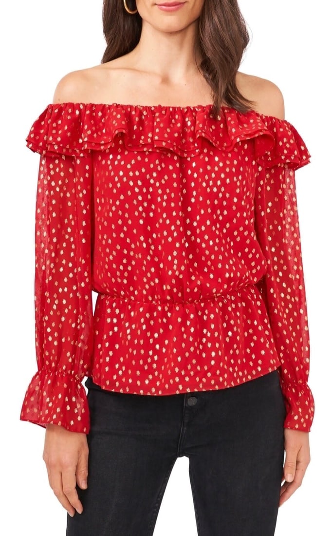Vince Camuto Vermilion Ruffled Off-the-Shoulder Blouse XL: Vince Camuto Vermilion Ruffled Off-the-Shoulder Blouse XL Elevate your wardrobe with this stunning Vince Camuto Ruffled Off-the-Shoulder Blouse in a vibrant vermilion hue. Designed with a romantic off