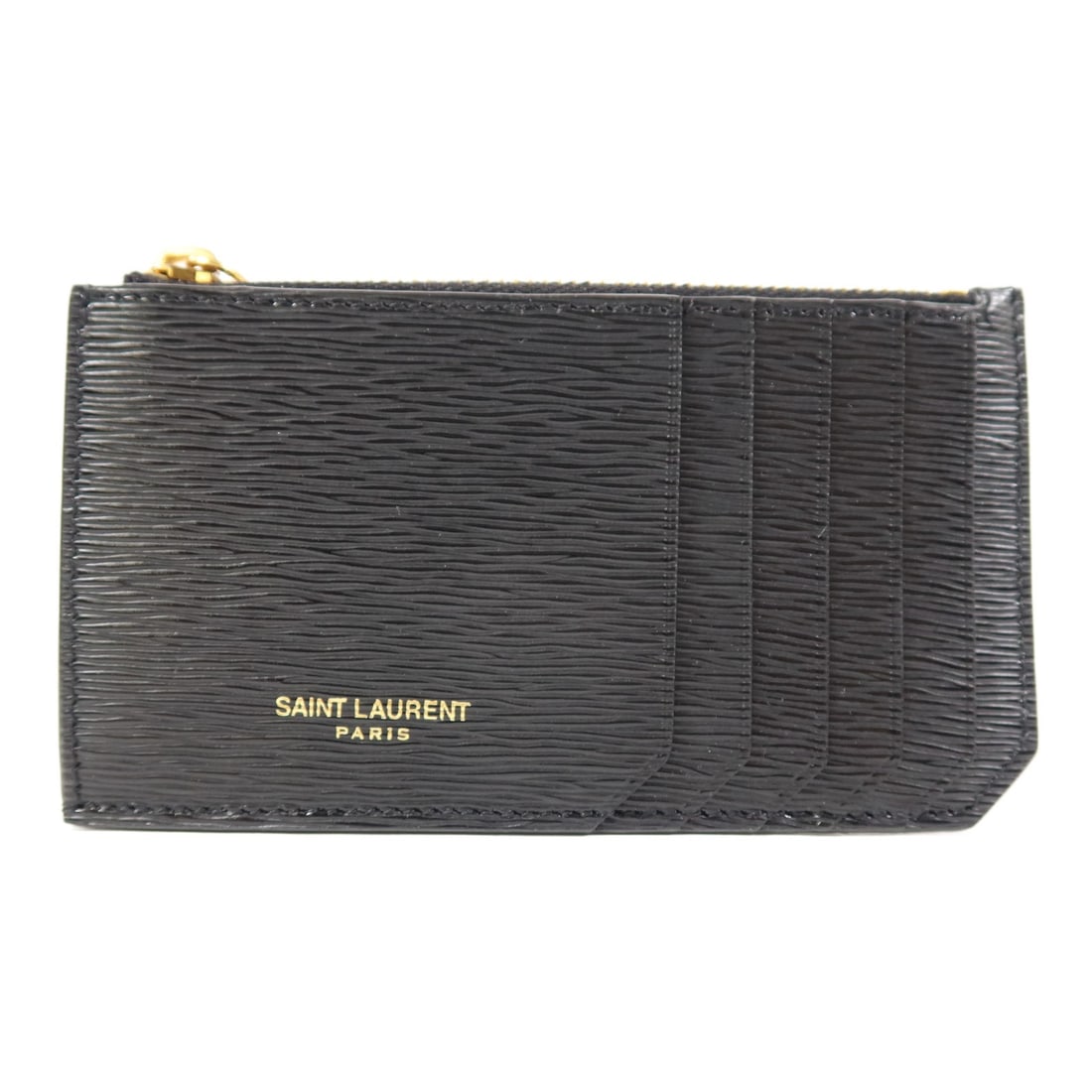 Saint Laurent Black Leather Zip Card Holder with Gold Hardware: Saint Laurent Black Leather Zip Card Holder with Gold Hardware This Saint Laurent card case features black leather with a zip closure, designed for unisex use. The card case is in pristine, un-used co