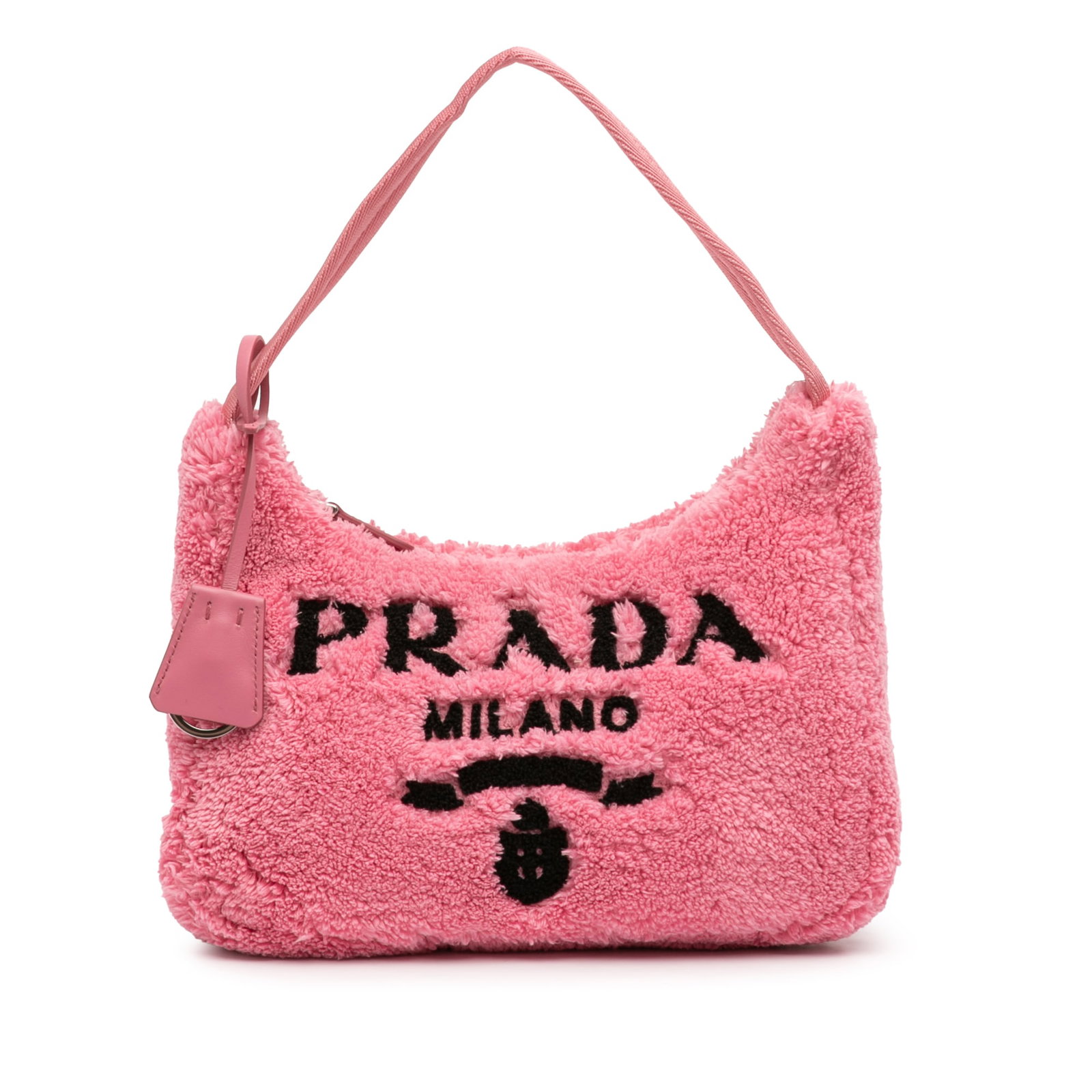 Prada Mini Terry Re Edition 2000 Pink Fabric Shoulder Bag: Prada Mini Terry Re Edition 2000 Pink Fabric Shoulder Bag This Prada Mini Terry Re Edition 2000 Shoulder Bag features a pink cotton body with a flat canvas strap and a top zip closure. The bag is made