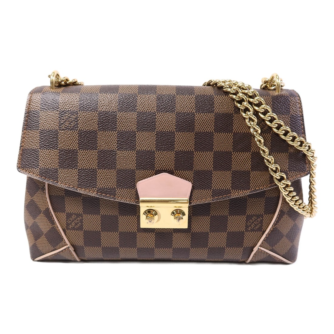 Louis Vuitton Caissa Monogram Shoulder Bag Brown Pink GHW N41597: Louis Vuitton Caissa Monogram Shoulder Bag Brown Pink GHW N41597 This Louis Vuitton Caissa Chain Shoulder Bag features the iconic Monogram pattern in a brown and pink color combination. Crafted from d