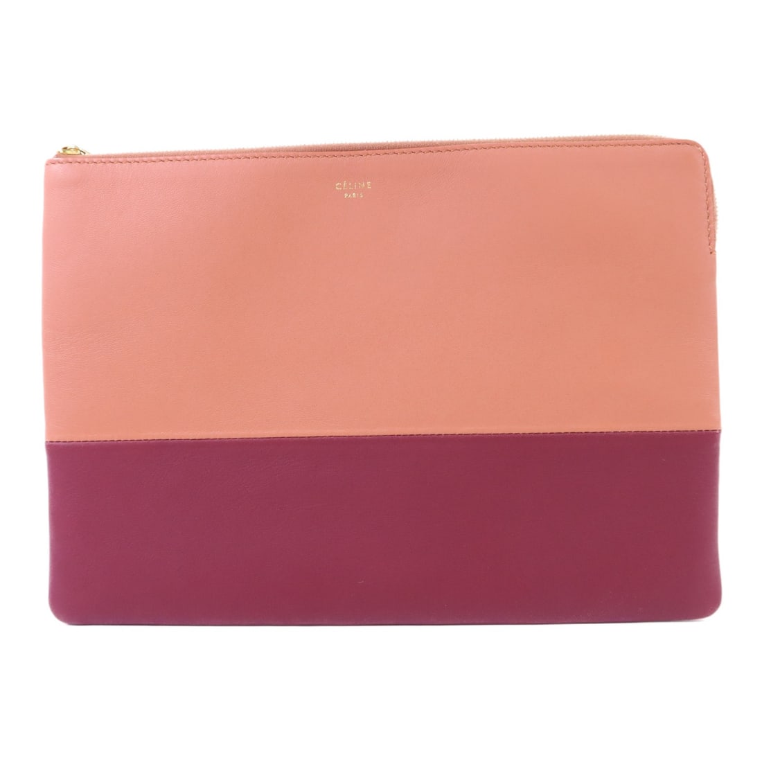Celine Red Calfskin Leather Pouch with Gold Hardware: Celine Red Calfskin Leather Pouch with Gold Hardware This CELINE pouch is crafted from high-quality calfskin leather in a striking red and pink color combination. The pouch features a regular size and