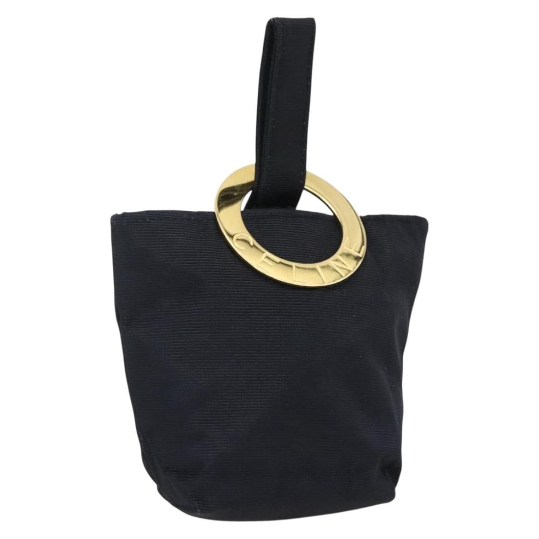 Nylon Navy Round Pouch by CELINE with Gold Accents: Nylon Navy Round Pouch by CELINE with Gold Accents This is a CELINE circular pouch crafted from navy nylon with gold-tone accents. Designed for women, it features a compact and stylish silhouette idea