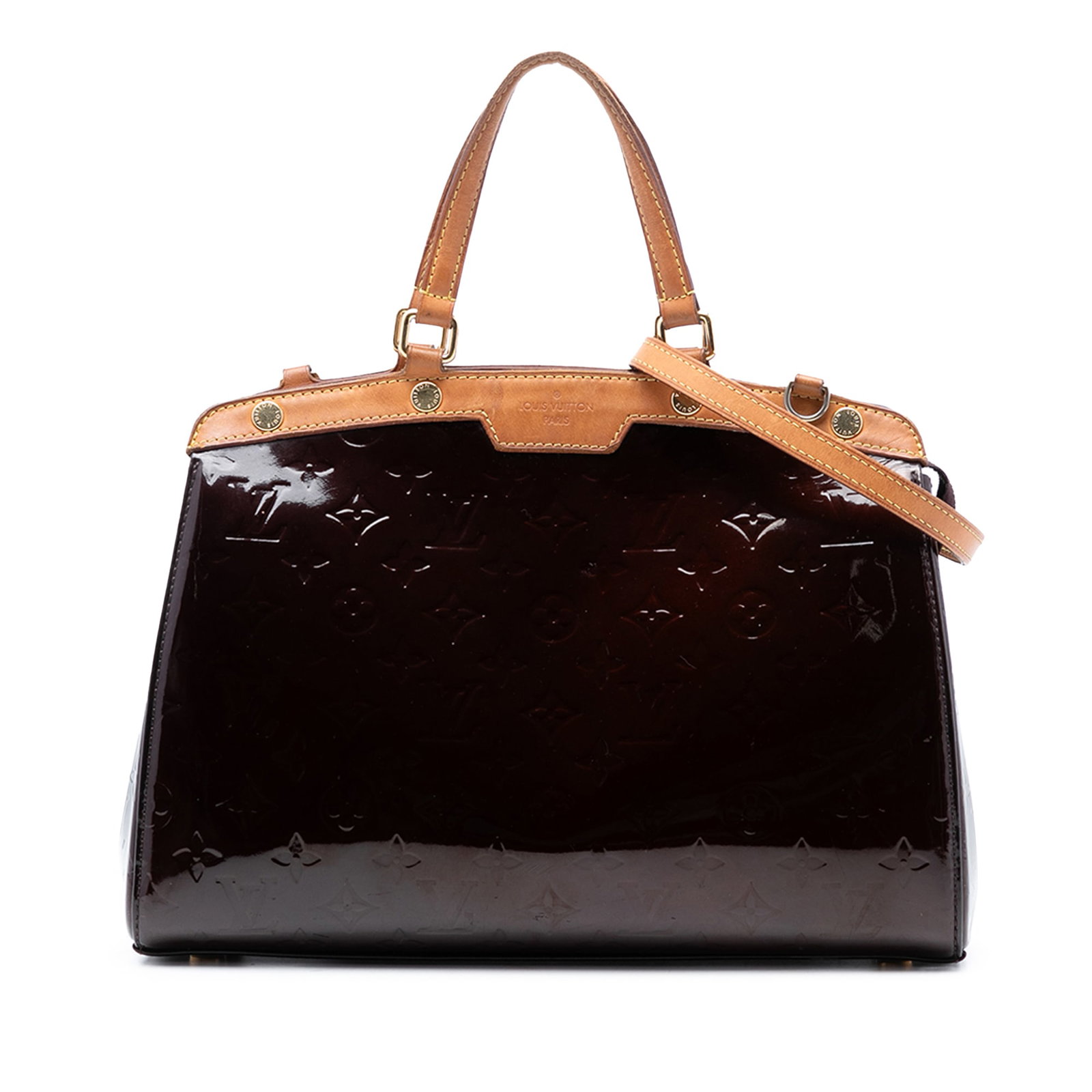 Louis Vuitton Brea MM Purple Monogram Vernis Leather Satchel with Strap: Louis Vuitton Brea MM Purple Monogram Vernis Leather Satchel with Strap This Louis Vuitton Monogram Vernis Brea MM features a monogram vernis leather body in purple with vachetta leather trim, flat va
