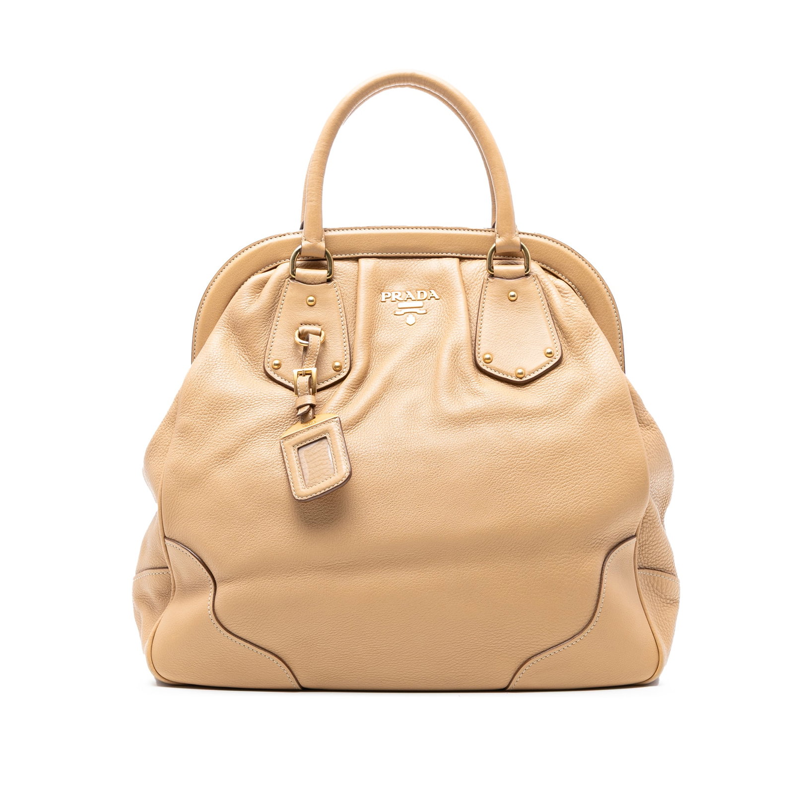 Prada Cervo Antik Frame Handbag Brown Leather Italy: Prada Cervo Antik Frame Handbag Brown Leather Italy The Prada Cervo Antik Frame Handbag showcases a luxurious leather body, complemented by rolled leather handles. It features an open top secured with