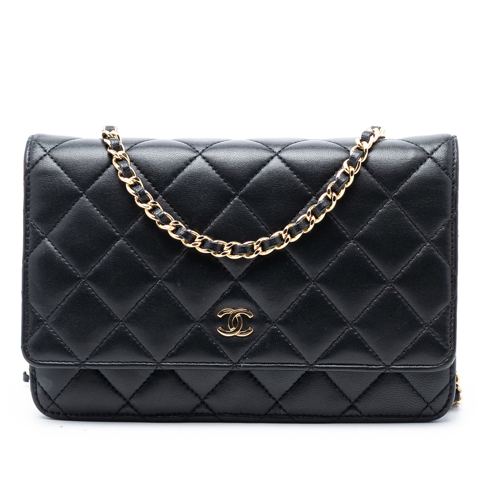 Black Chanel Lambskin Chain Wallet with Quilted CC Flap: Black Chanel Lambskin Chain Wallet with Quilted CC Flap This Chanel CC Quilted Lambskin Wallet On Chain features a black quilted lambskin leather exterior, a leather-woven chain shoulder strap, a flap