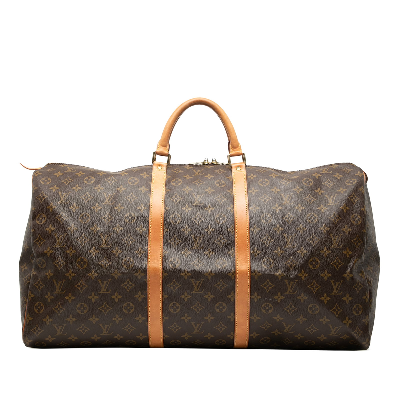Louis Vuitton Keepall 60 Monogram Canvas Travel Bag with Leather Trim: Louis Vuitton Keepall 60 Monogram Canvas Travel Bag with Leather Trim The Louis Vuitton Monogram Keepall 60 is crafted from signature monogram canvas with vachetta leather trim and rolled vachetta lea